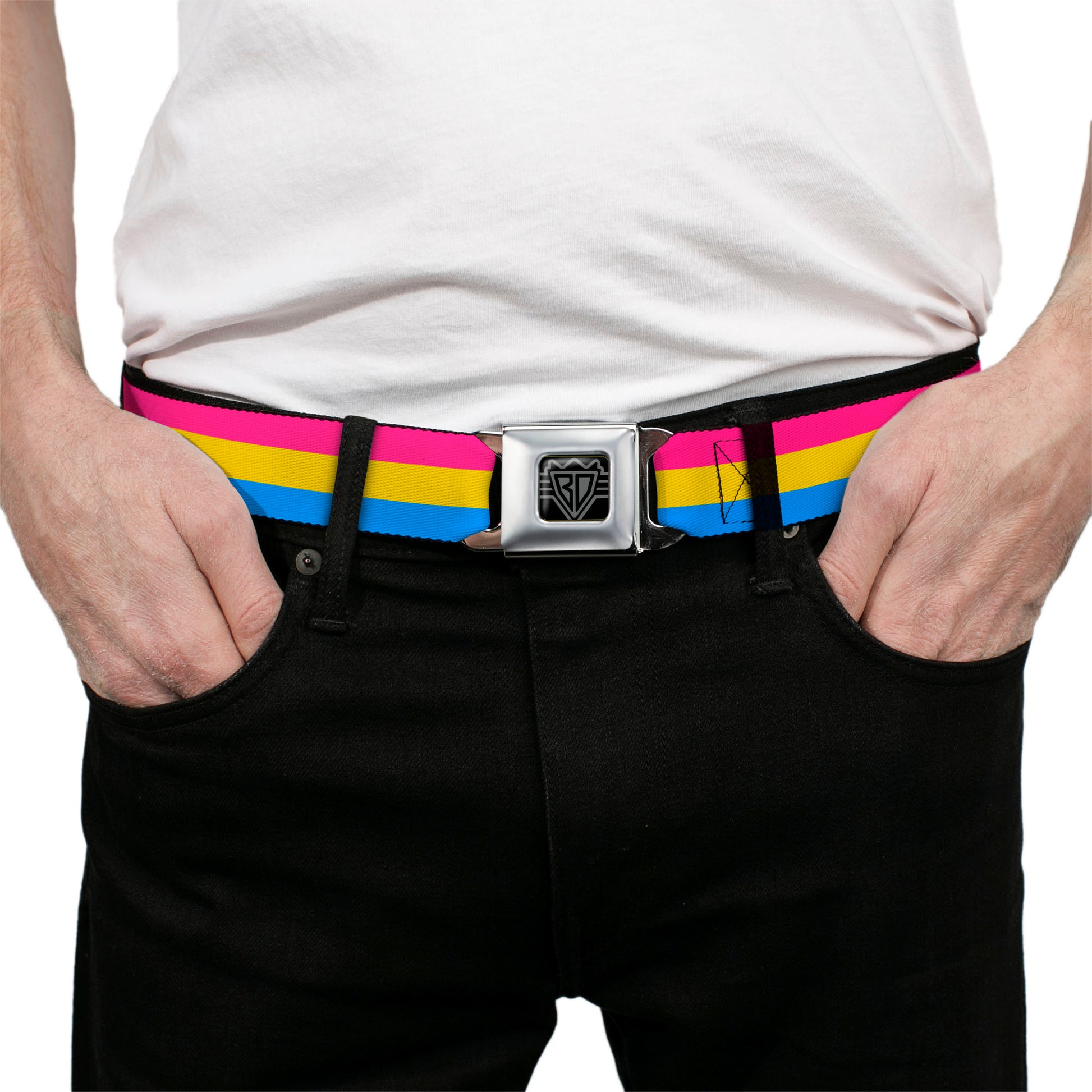 BD Wings Logo CLOSE-UP Full Color Black Silver Seatbelt Belt - Flag Pansexual Pink/Yellow/Blue Webbing Seatbelt Belts Buckle-Down