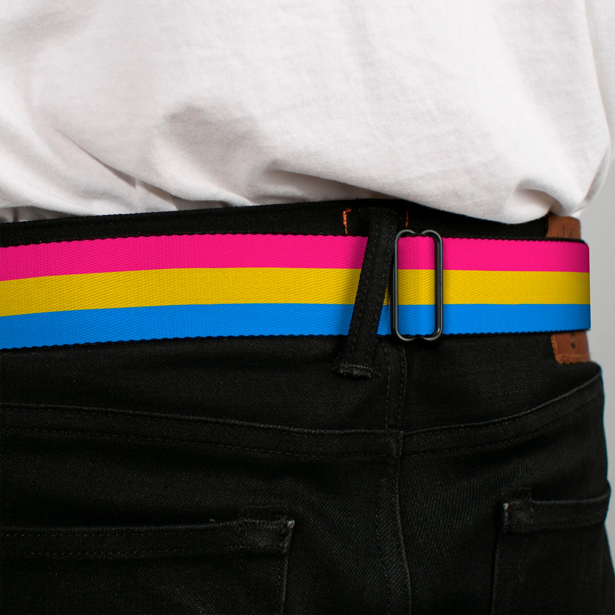 BD Wings Logo CLOSE-UP Full Color Black Silver Seatbelt Belt - Flag Pansexual Pink/Yellow/Blue Webbing Seatbelt Belts Buckle-Down