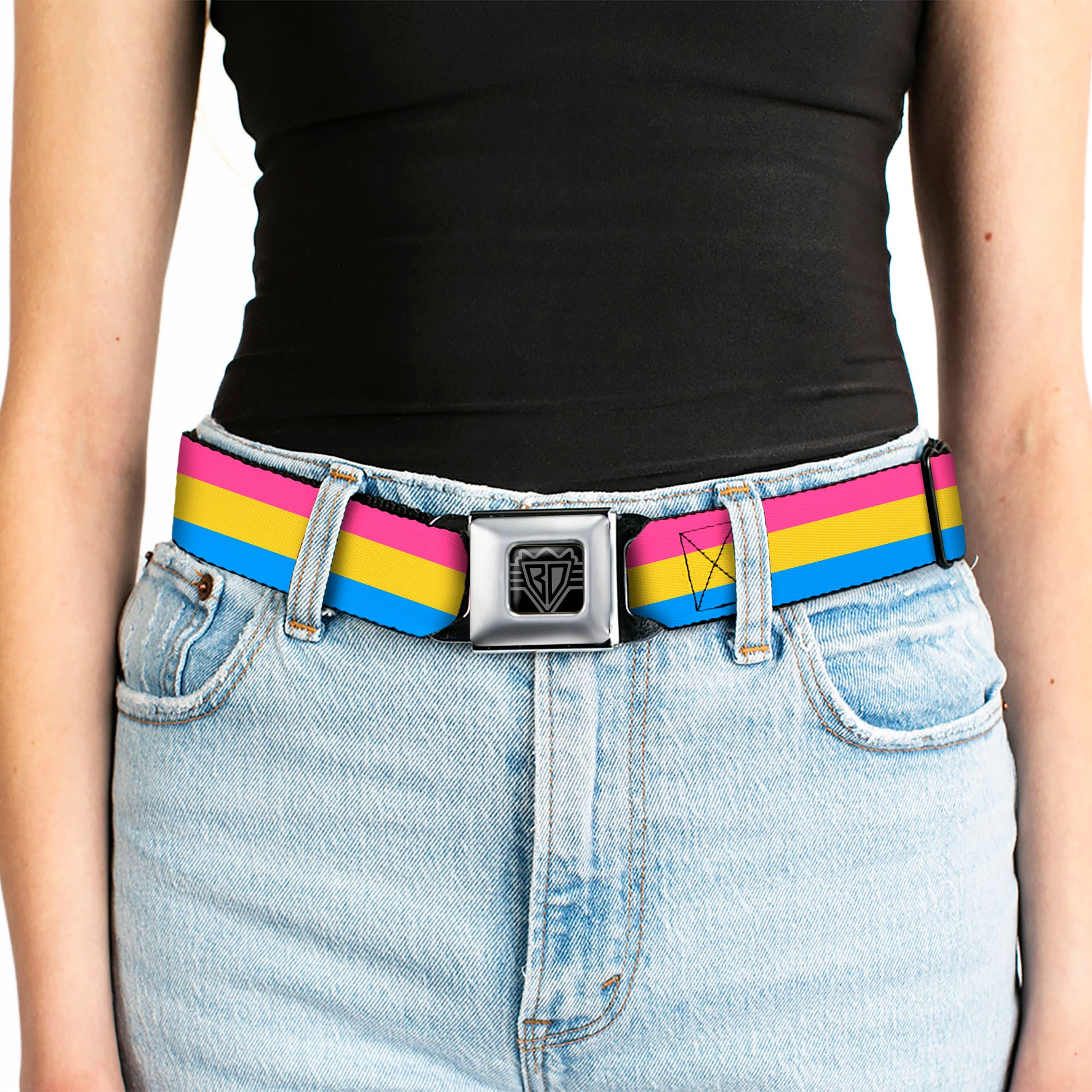 BD Wings Logo CLOSE-UP Full Color Black Silver Seatbelt Belt - Flag Pansexual Pink/Yellow/Blue Webbing Seatbelt Belts Buckle-Down