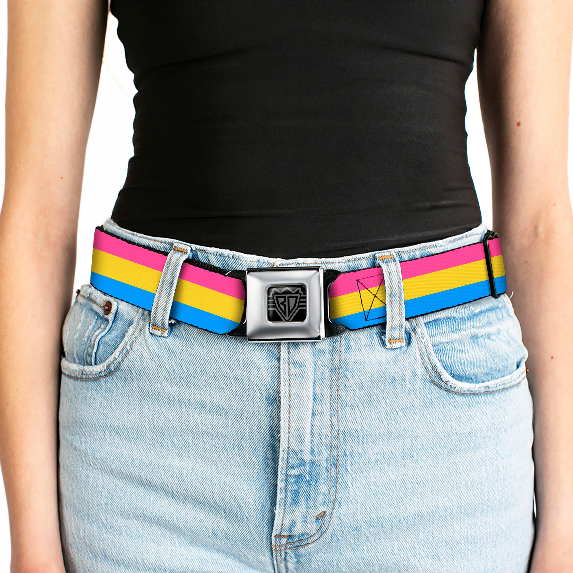 BD Wings Logo CLOSE-UP Full Color Black Silver Seatbelt Belt - Flag Pansexual Pink/Yellow/Blue Webbing Seatbelt Belts Buckle-Down