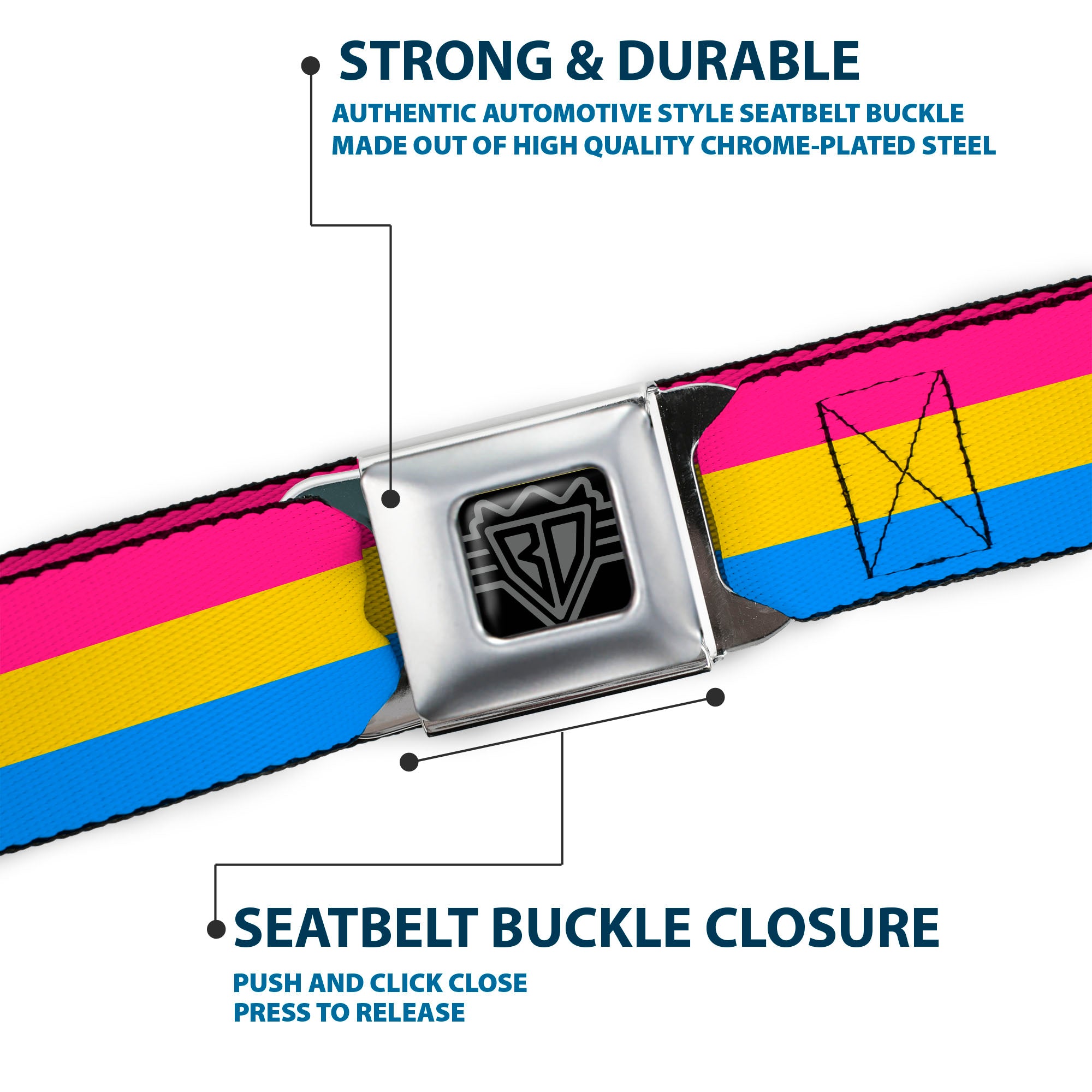 BD Wings Logo CLOSE-UP Full Color Black Silver Seatbelt Belt - Flag Pansexual Pink/Yellow/Blue Webbing Seatbelt Belts Buckle-Down