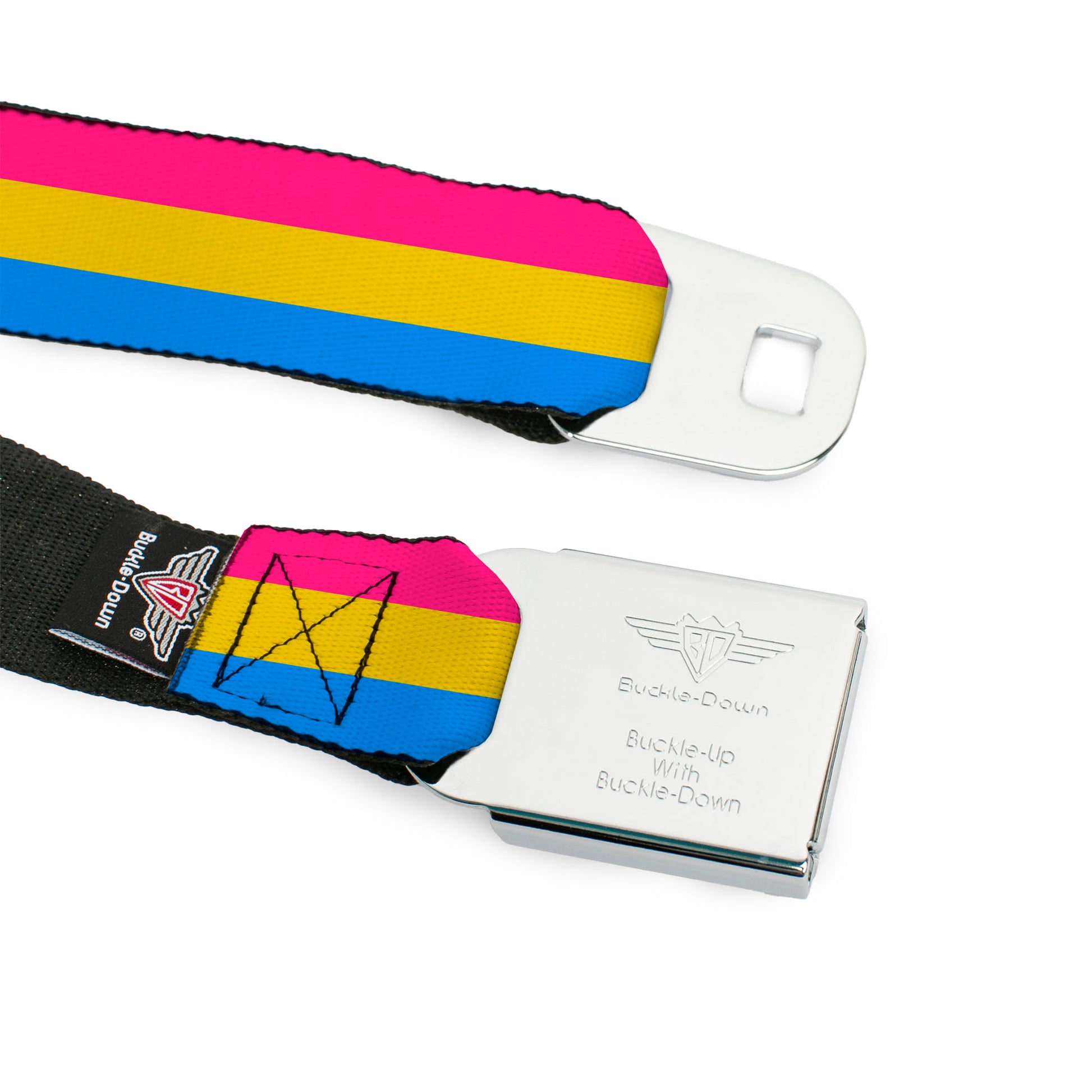 BD Wings Logo CLOSE-UP Full Color Black Silver Seatbelt Belt - Flag Pansexual Pink/Yellow/Blue Webbing Seatbelt Belts Buckle-Down