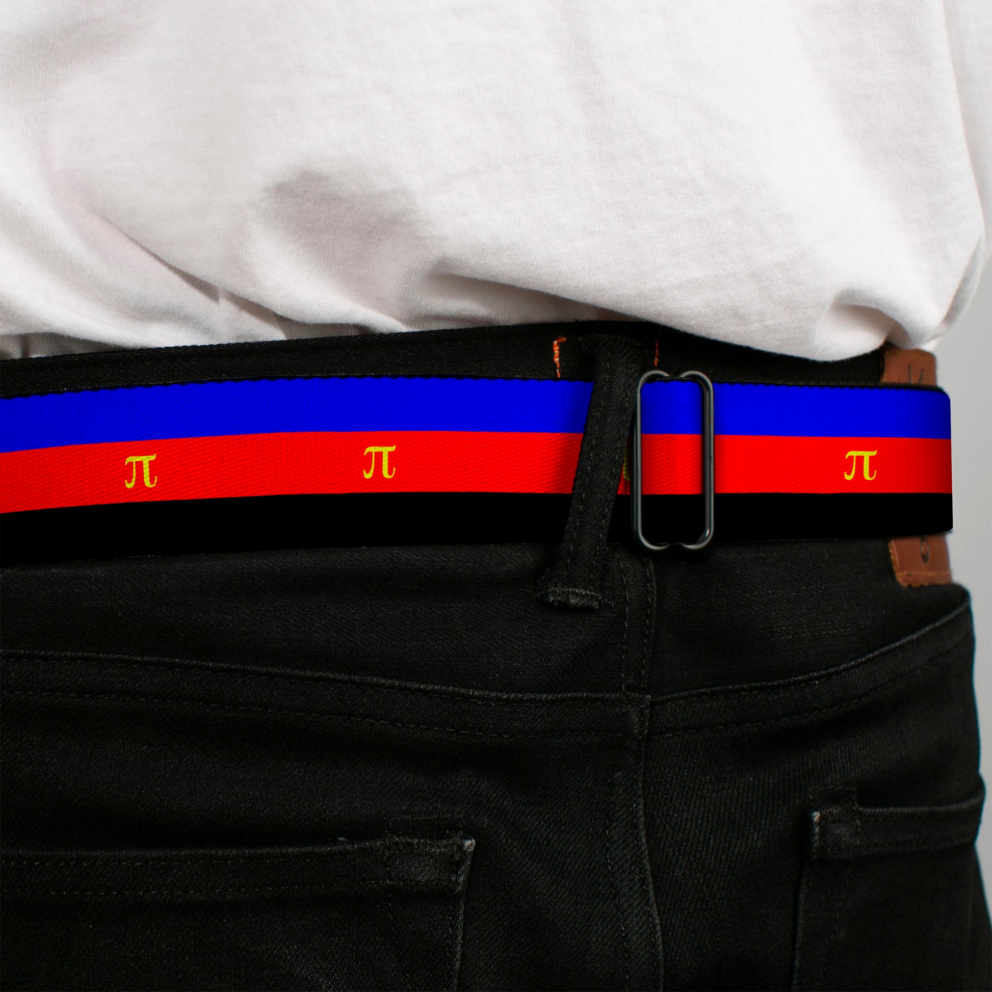 BD Wings Logo CLOSE-UP Full Color Black Silver Seatbelt Belt - Flag Polyamorous Pi Symbol Blue/Red/Black/Yellow Webbing Seatbelt Belts Buckle-Down