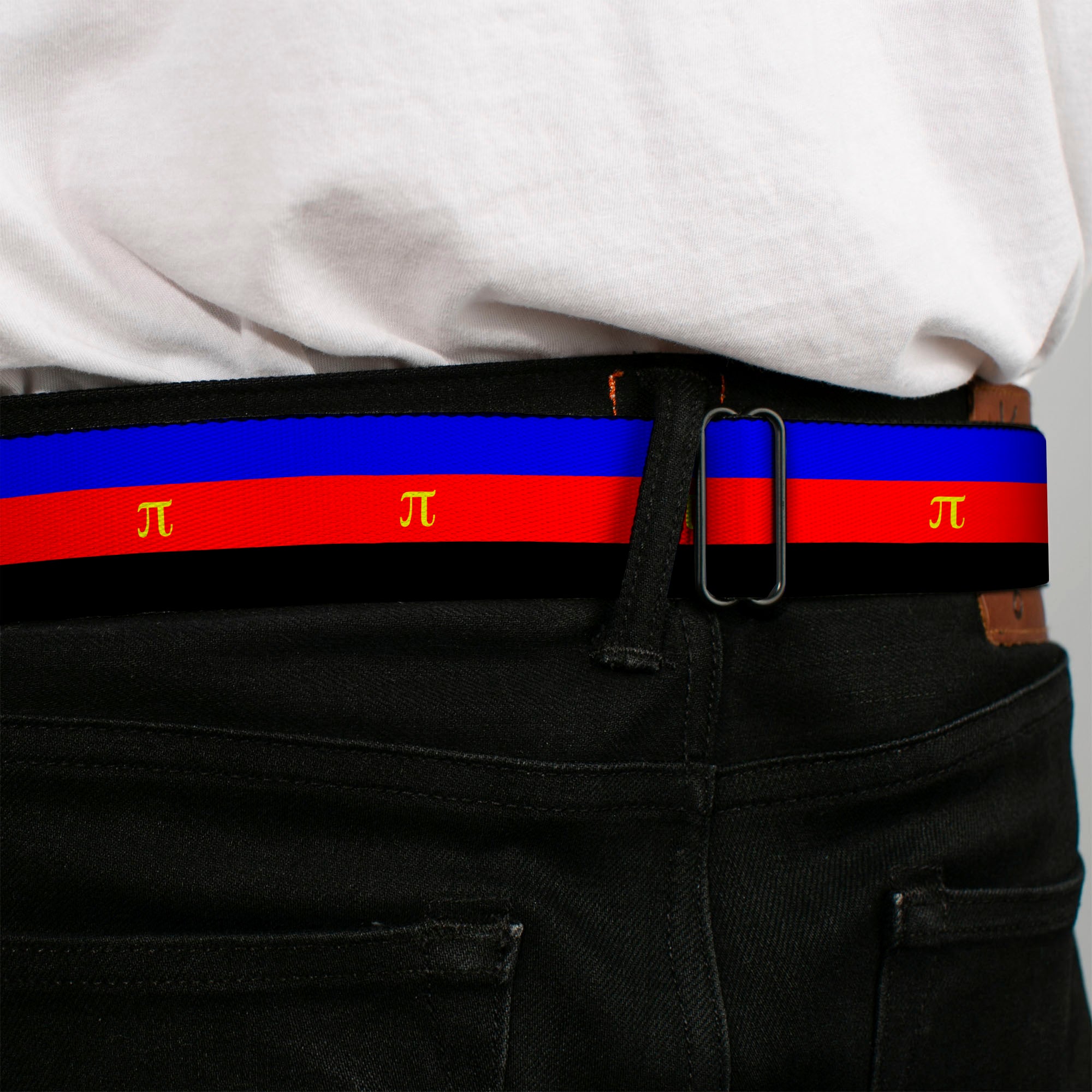 BD Wings Logo CLOSE-UP Full Color Black Silver Seatbelt Belt - Flag Polyamorous Pi Symbol Blue/Red/Black/Yellow Webbing Seatbelt Belts Buckle-Down