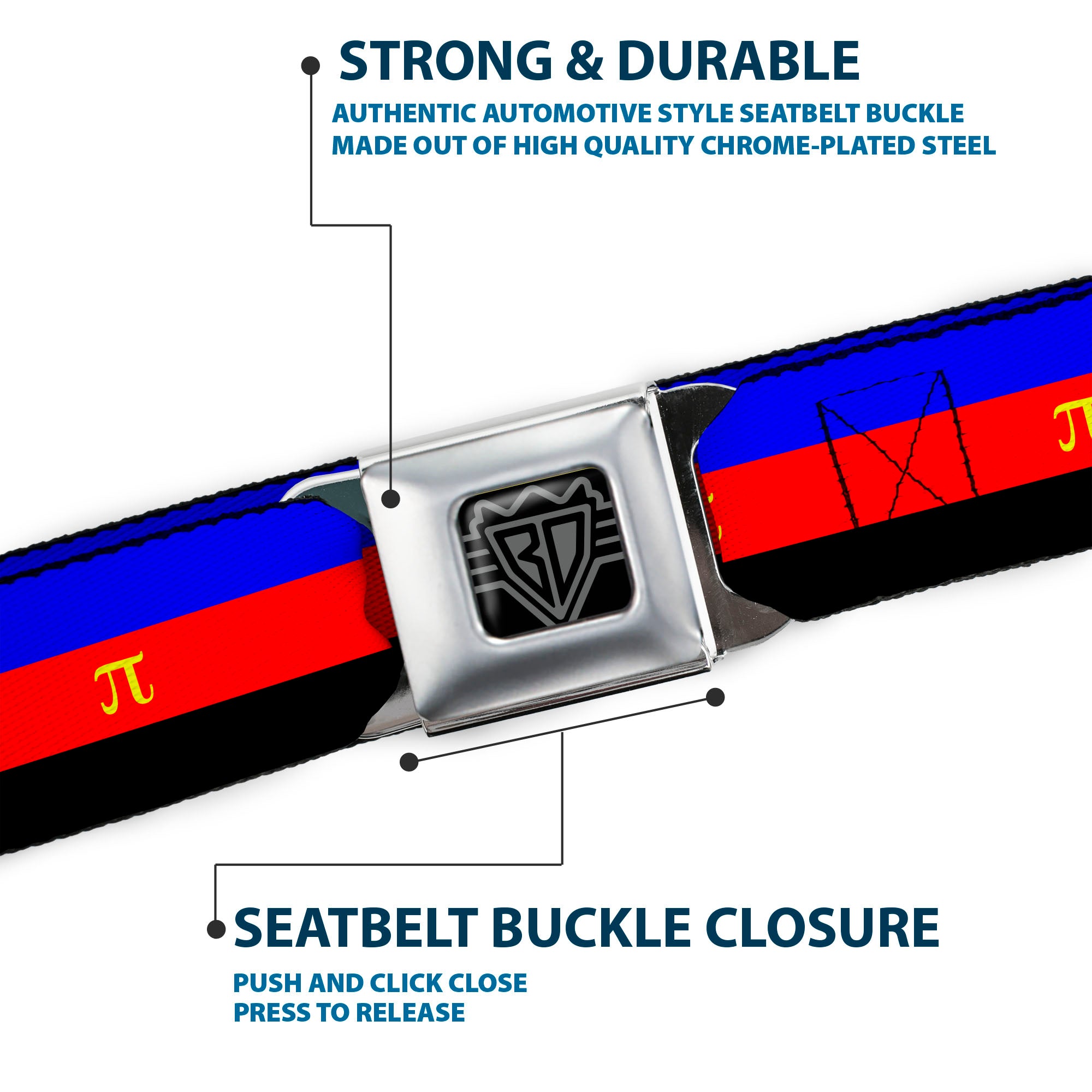 BD Wings Logo CLOSE-UP Full Color Black Silver Seatbelt Belt - Flag Polyamorous Pi Symbol Blue/Red/Black/Yellow Webbing Seatbelt Belts Buckle-Down