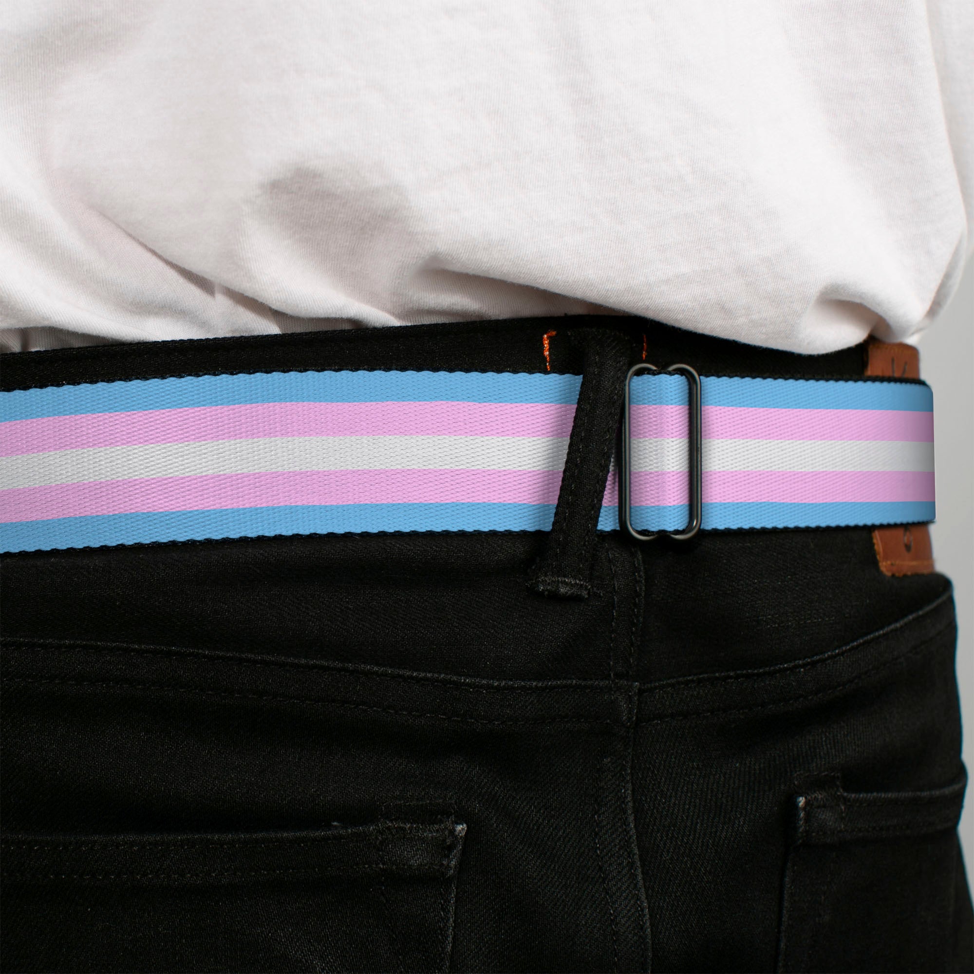 BD Wings Logo CLOSE-UP Full Color Black Silver Seatbelt Belt - Flag Transgender Baby Blue/Baby Pink/White Webbing Seatbelt Belts Buckle-Down