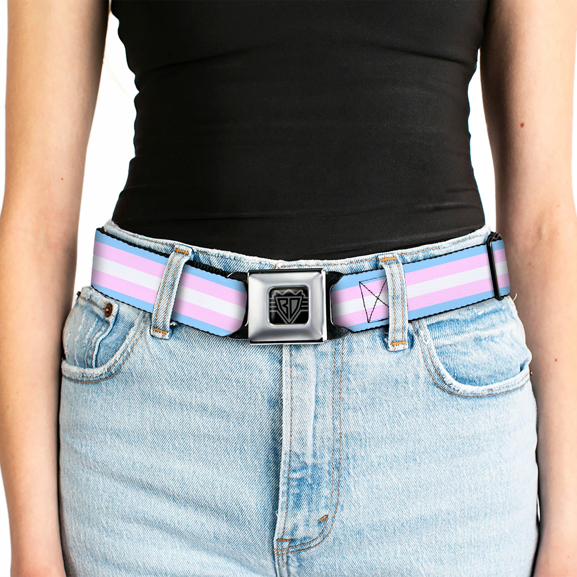 BD Wings Logo CLOSE-UP Full Color Black Silver Seatbelt Belt - Flag Transgender Baby Blue/Baby Pink/White Webbing Seatbelt Belts Buckle-Down