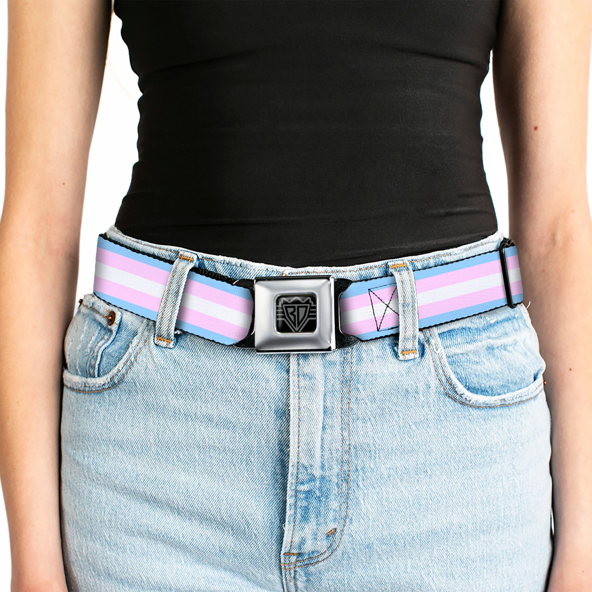 BD Wings Logo CLOSE-UP Full Color Black Silver Seatbelt Belt - Flag Transgender Baby Blue/Baby Pink/White Webbing Seatbelt Belts Buckle-Down