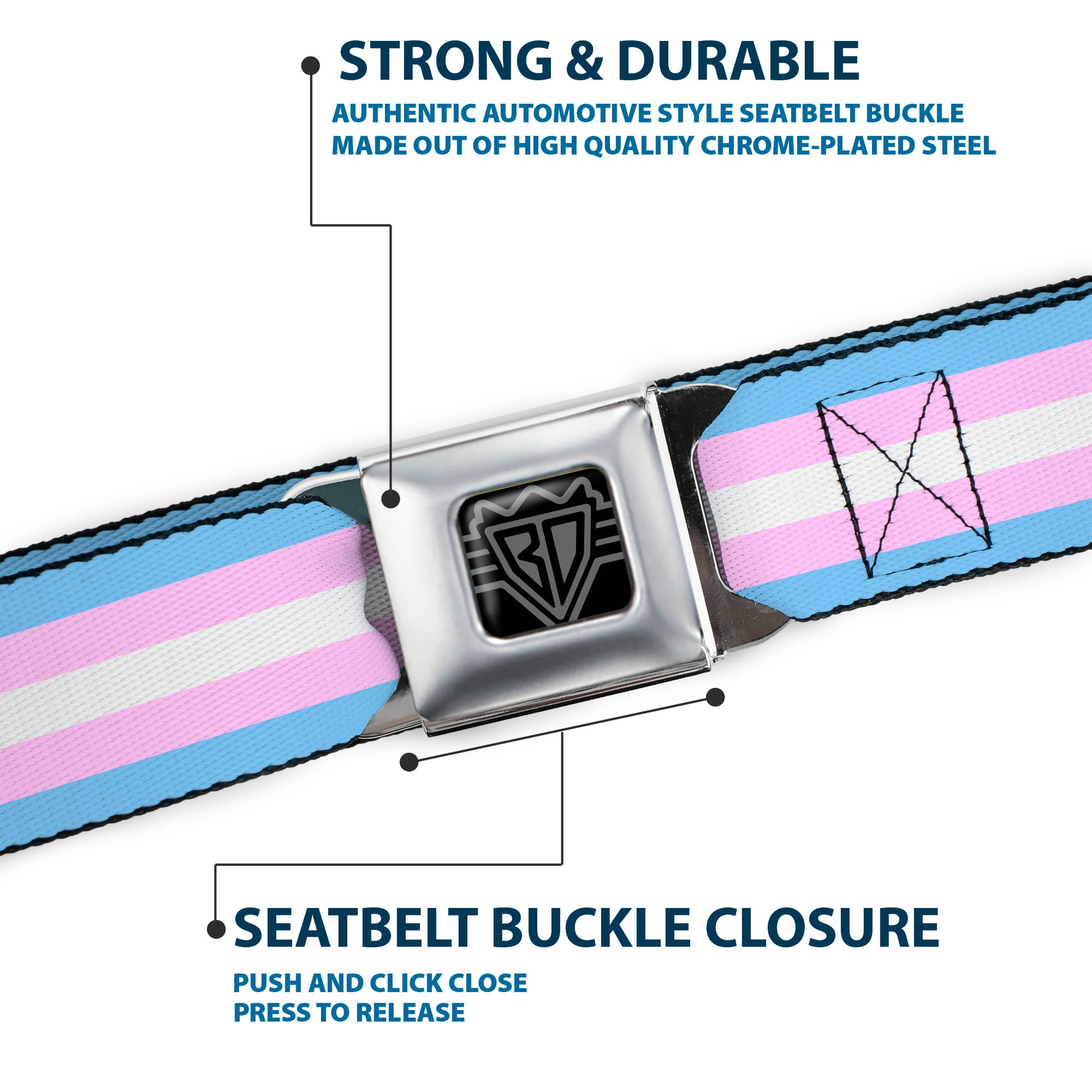 BD Wings Logo CLOSE-UP Full Color Black Silver Seatbelt Belt - Flag Transgender Baby Blue/Baby Pink/White Webbing Seatbelt Belts Buckle-Down