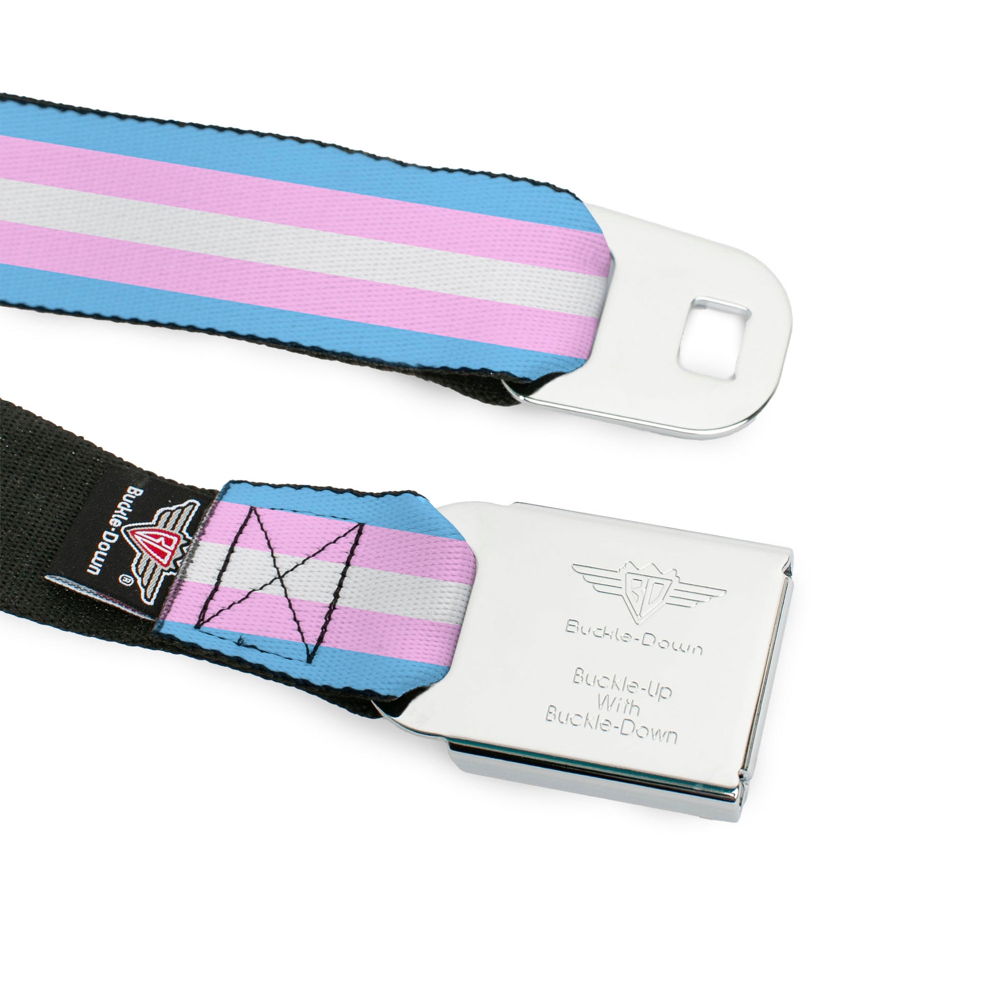 BD Wings Logo CLOSE-UP Full Color Black Silver Seatbelt Belt - Flag Transgender Baby Blue/Baby Pink/White Webbing Seatbelt Belts Buckle-Down