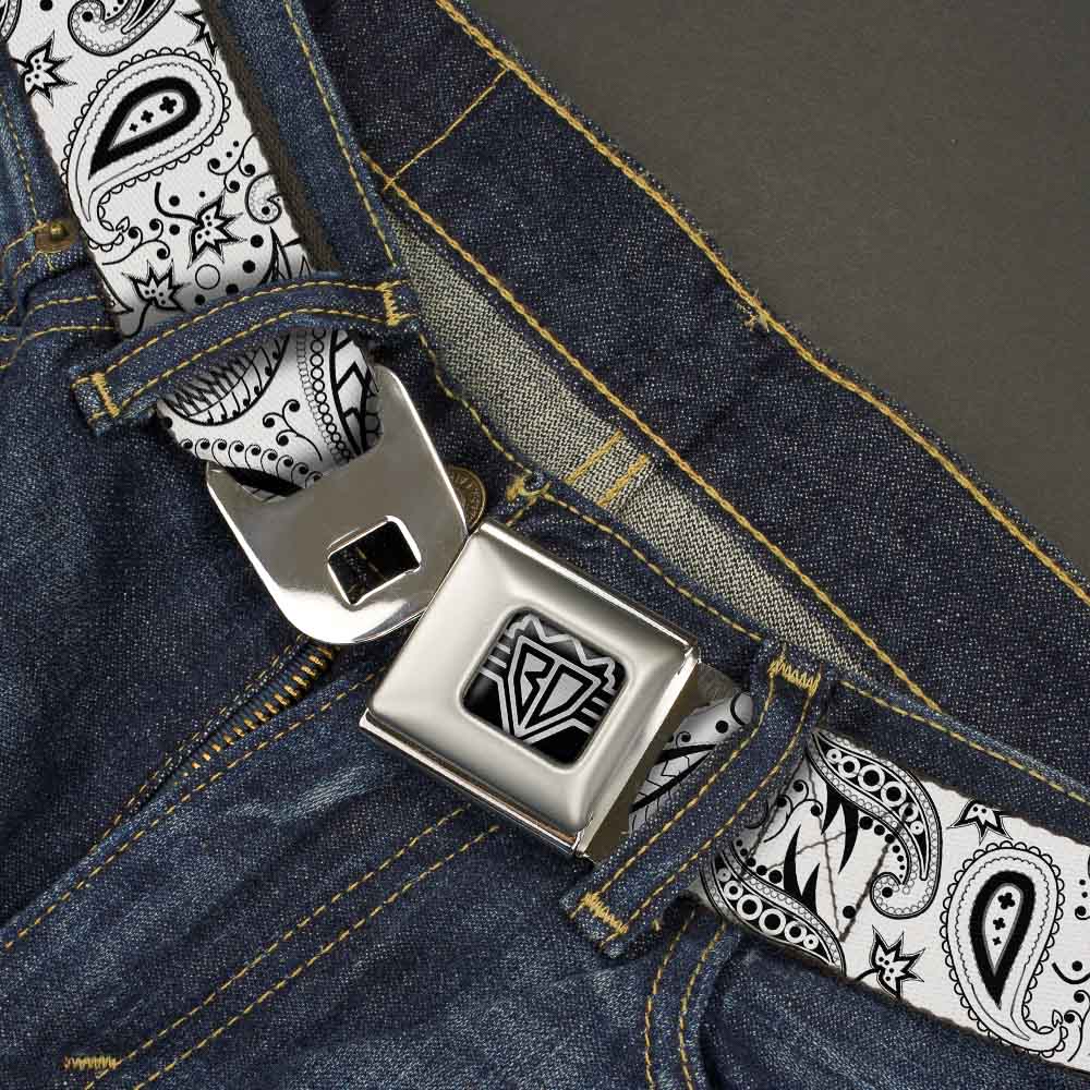BD Wings Logo CLOSE-UP Full Color Black Silver Seatbelt Belt - Floral Paisley3 White/Black Webbing Seatbelt Belts Buckle-Down