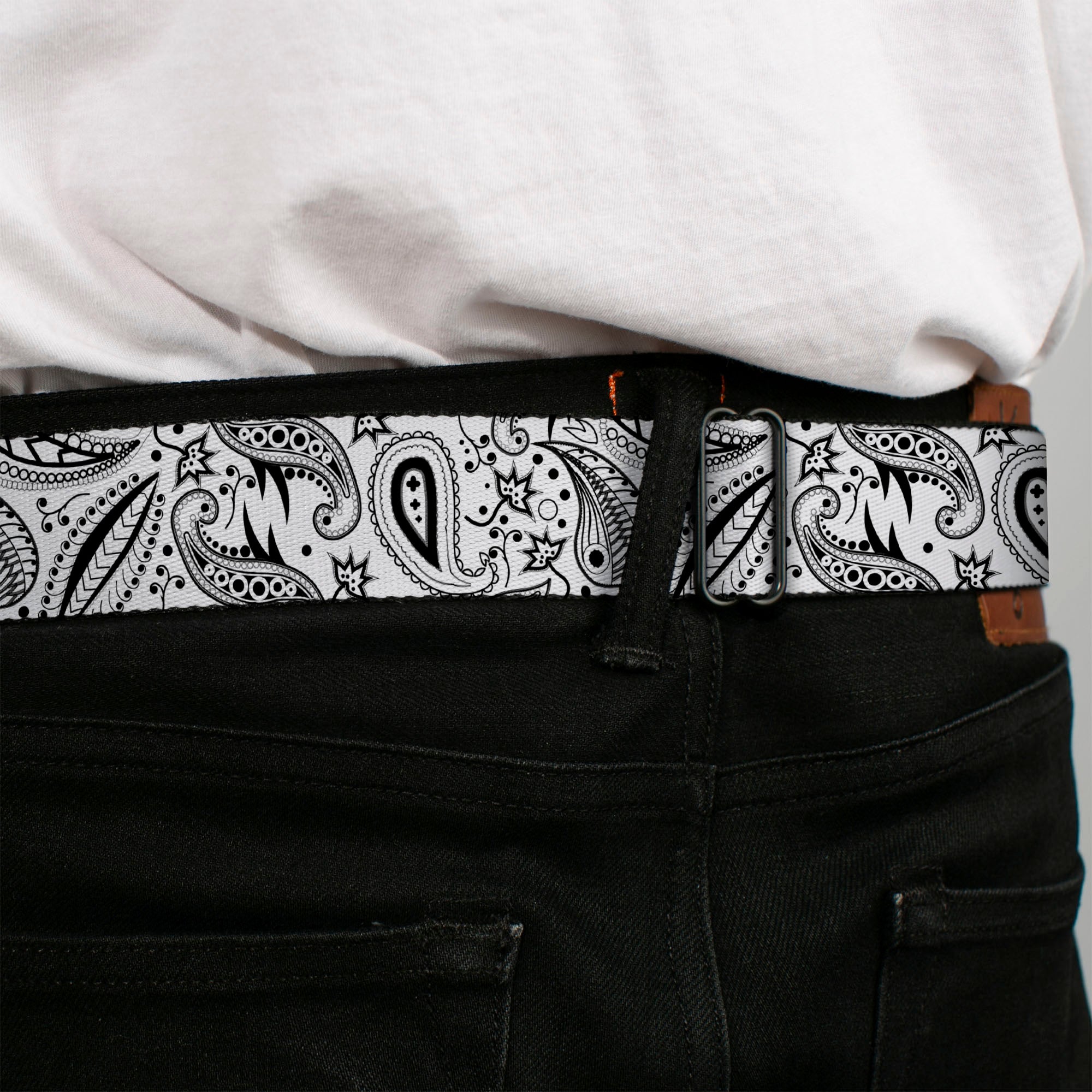 BD Wings Logo CLOSE-UP Full Color Black Silver Seatbelt Belt - Floral Paisley3 White/Black Webbing Seatbelt Belts Buckle-Down