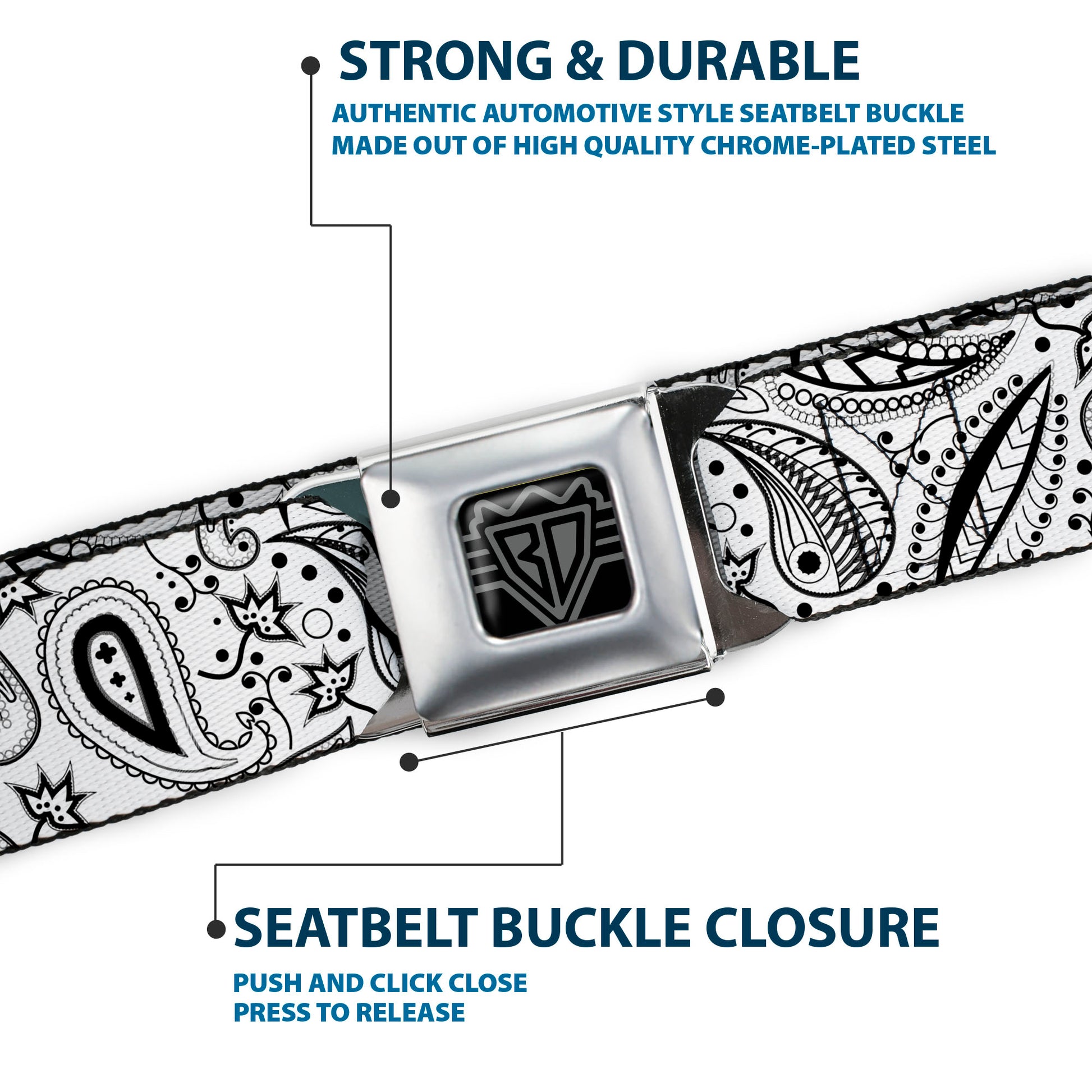 BD Wings Logo CLOSE-UP Full Color Black Silver Seatbelt Belt - Floral Paisley3 White/Black Webbing Seatbelt Belts Buckle-Down