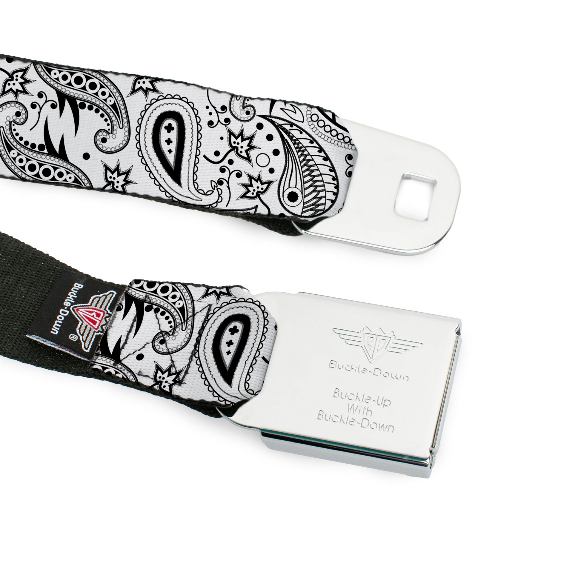 BD Wings Logo CLOSE-UP Full Color Black Silver Seatbelt Belt - Floral Paisley3 White/Black Webbing Seatbelt Belts Buckle-Down