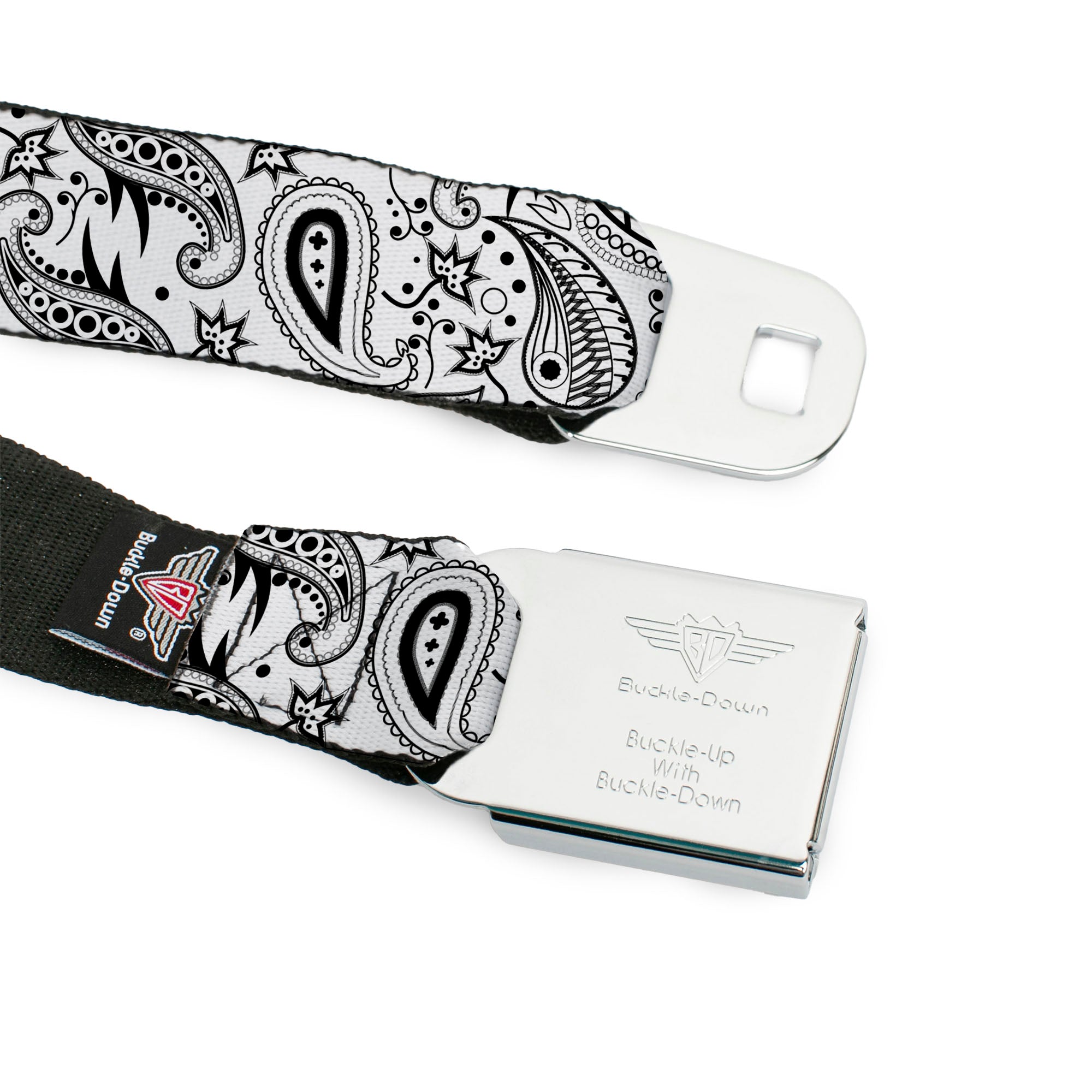BD Wings Logo CLOSE-UP Full Color Black Silver Seatbelt Belt - Floral Paisley3 White/Black Webbing Seatbelt Belts Buckle-Down