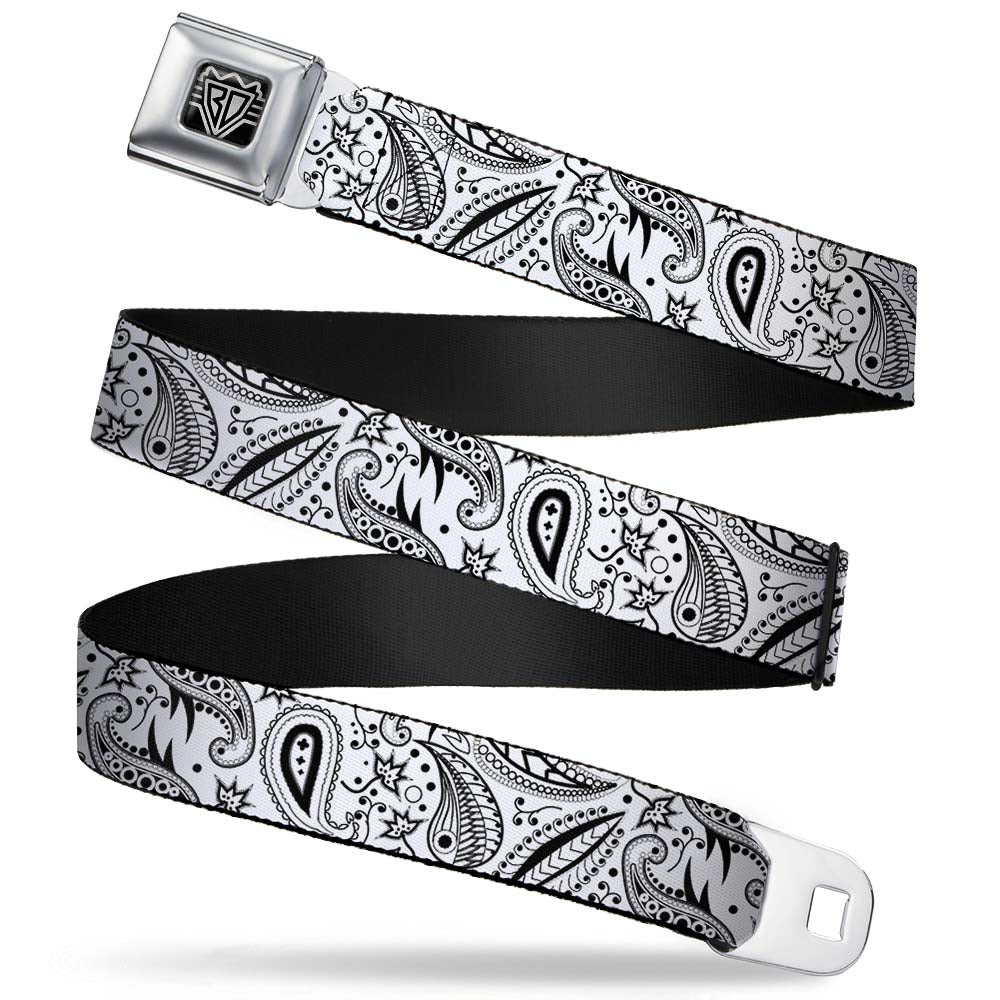 BD Wings Logo CLOSE-UP Full Color Black Silver Seatbelt Belt - Floral Paisley3 White/Black Webbing Seatbelt Belts Buckle-Down