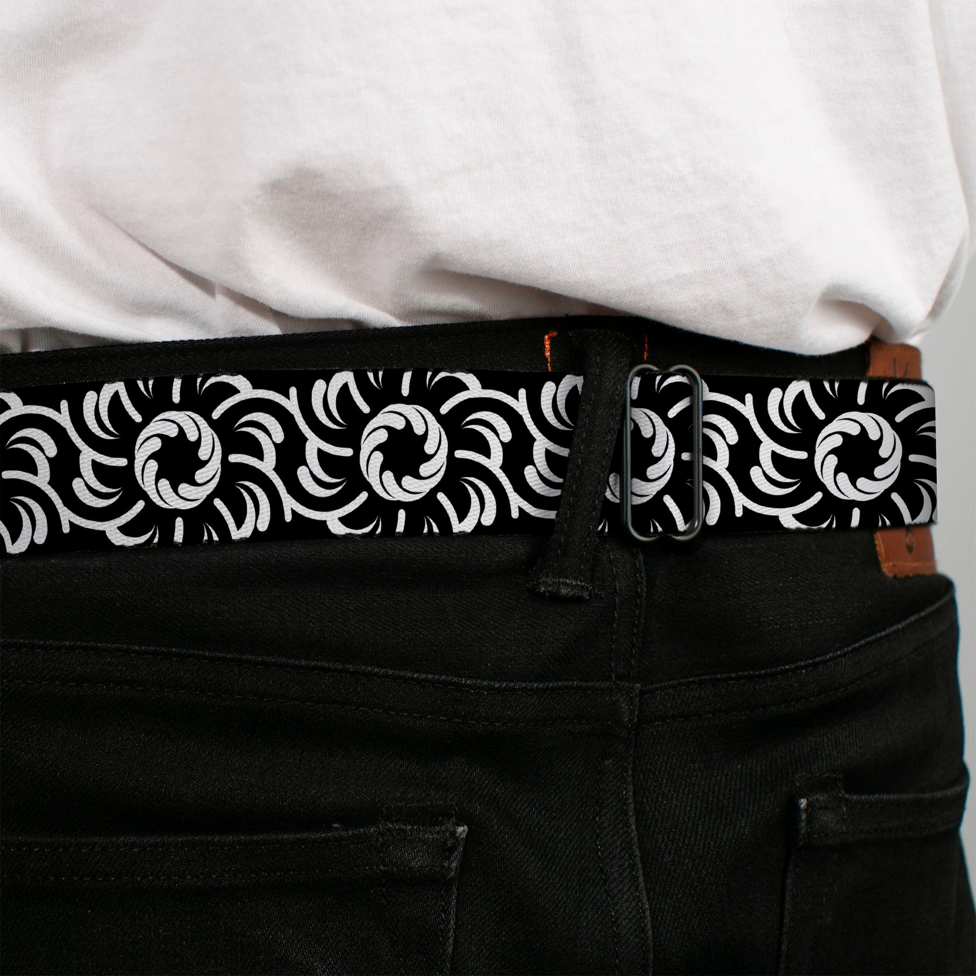 BD Wings Logo CLOSE-UP Full Color Black Silver Seatbelt Belt - Floral Pinwheel Black/White Webbing Seatbelt Belts Buckle-Down
