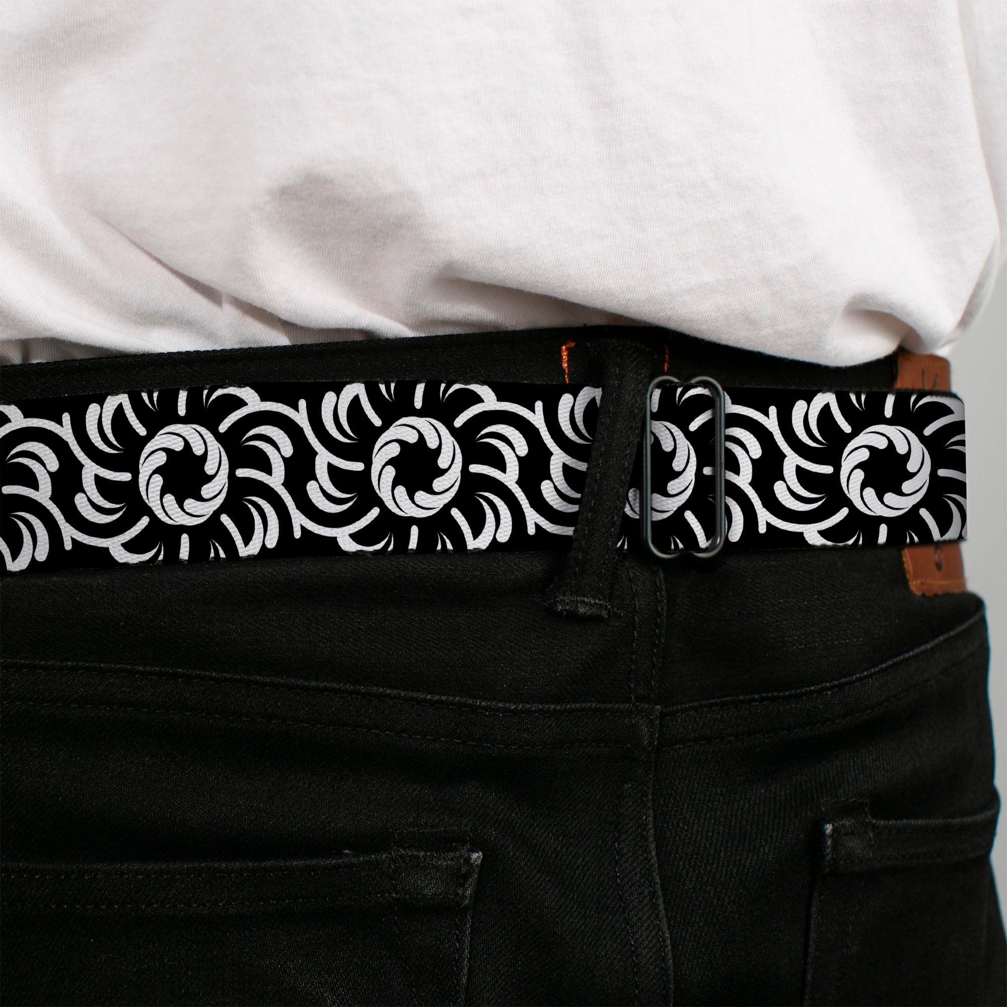 BD Wings Logo CLOSE-UP Full Color Black Silver Seatbelt Belt - Floral Pinwheel Black/White Webbing Seatbelt Belts Buckle-Down