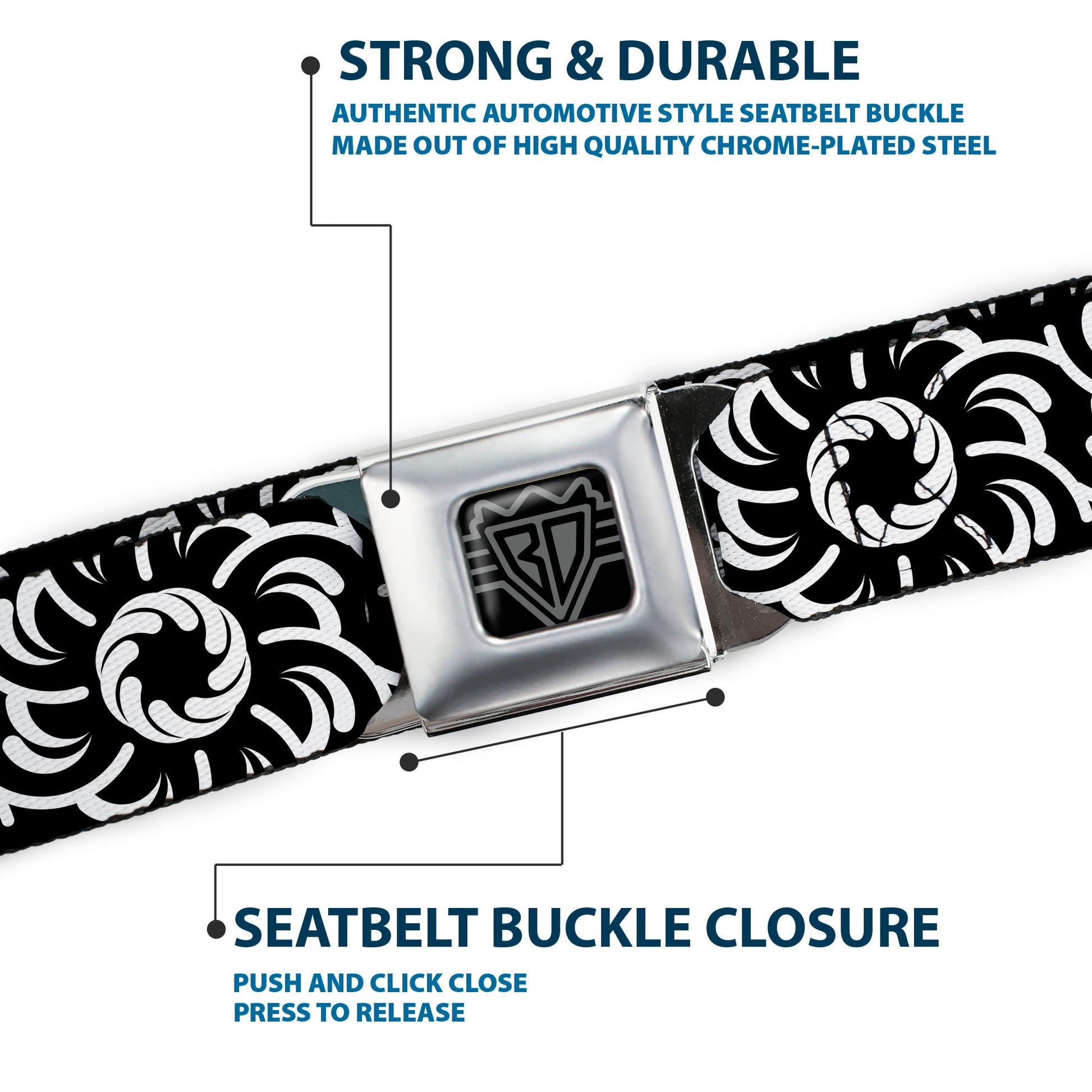 BD Wings Logo CLOSE-UP Full Color Black Silver Seatbelt Belt - Floral Pinwheel Black/White Webbing Seatbelt Belts Buckle-Down