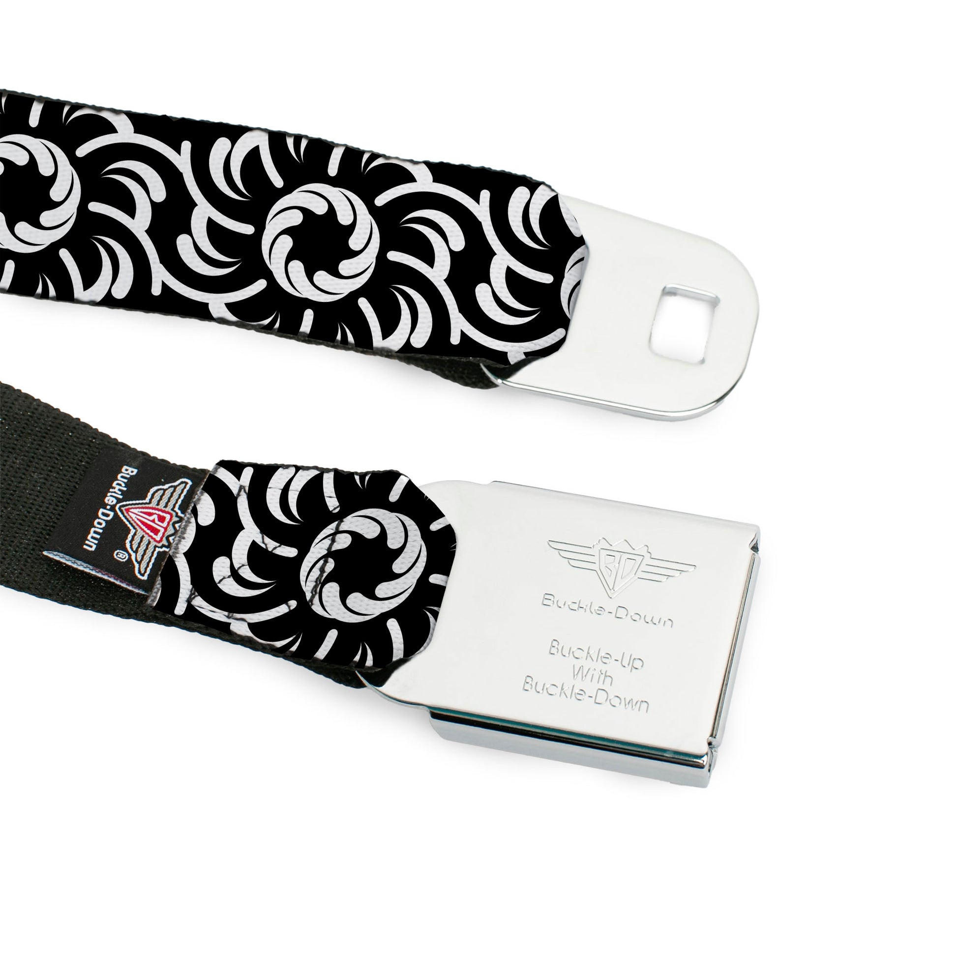 BD Wings Logo CLOSE-UP Full Color Black Silver Seatbelt Belt - Floral Pinwheel Black/White Webbing Seatbelt Belts Buckle-Down