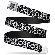 BD Wings Logo CLOSE-UP Full Color Black Silver Seatbelt Belt - Floral Pinwheel Black/White Webbing Seatbelt Belts Buckle-Down