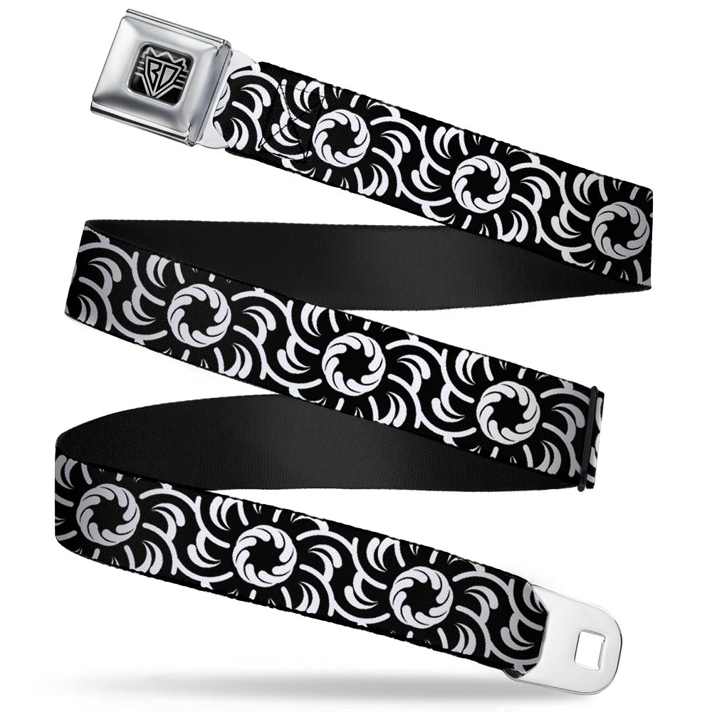 BD Wings Logo CLOSE-UP Full Color Black Silver Seatbelt Belt - Floral Pinwheel Black/White Webbing Seatbelt Belts Buckle-Down