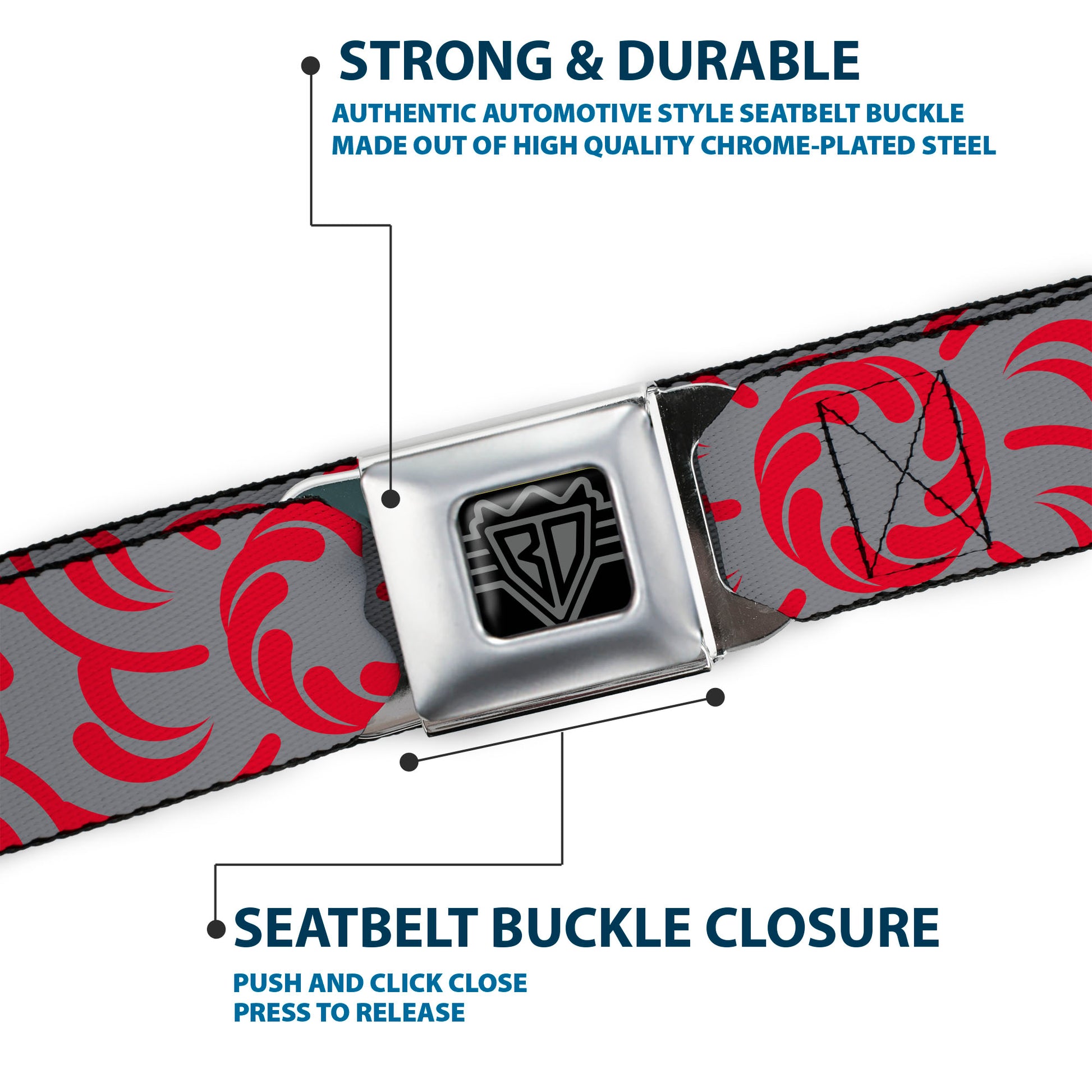 BD Wings Logo CLOSE-UP Full Color Black Silver Seatbelt Belt - Floral Pinwheel CLOSE-UP Gray/Red Webbing Seatbelt Belts Buckle-Down