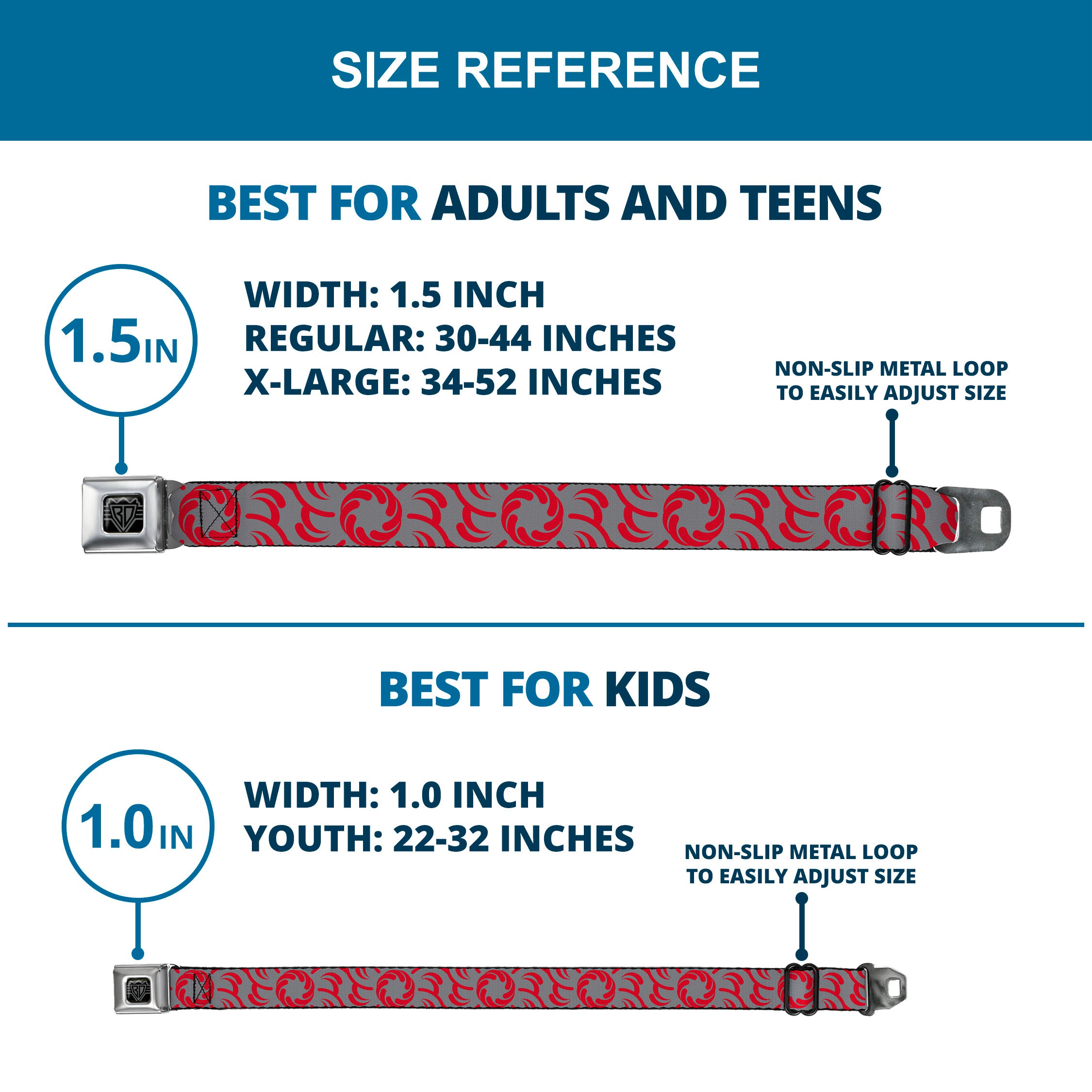 BD Wings Logo CLOSE-UP Full Color Black Silver Seatbelt Belt - Floral Pinwheel CLOSE-UP Gray/Red Webbing Seatbelt Belts Buckle-Down