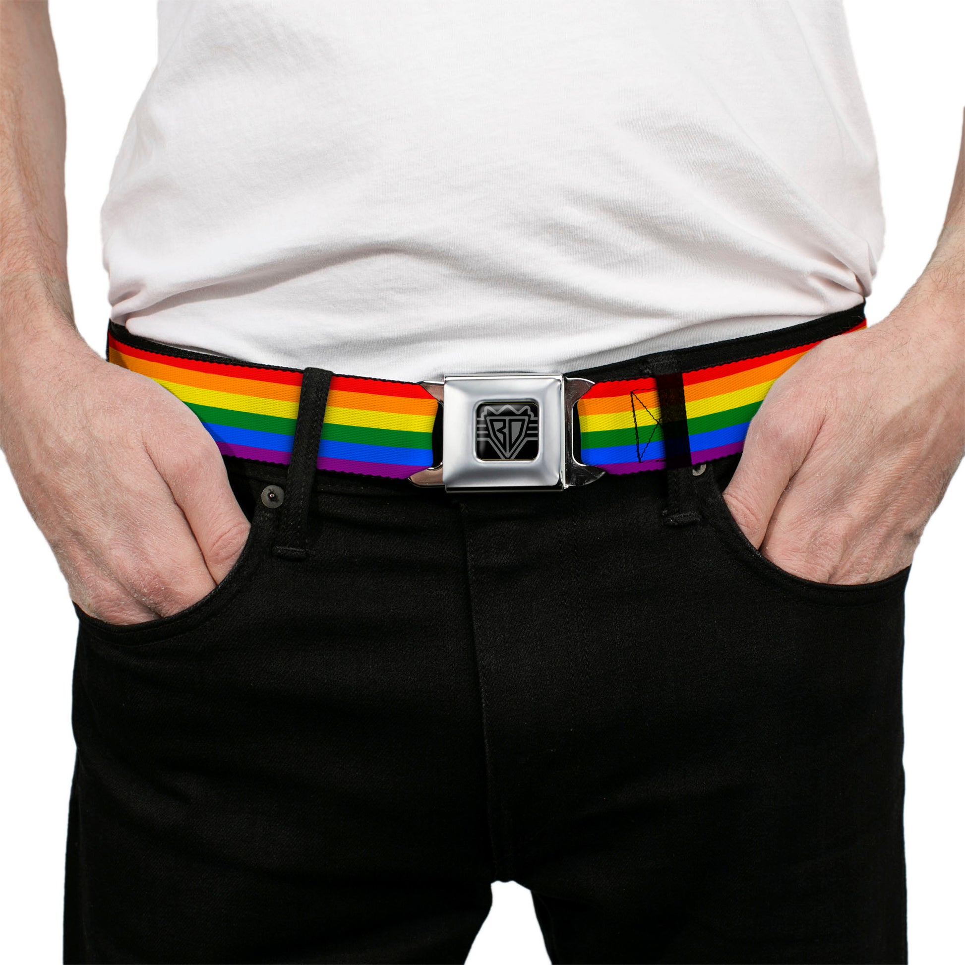 BD Wings Logo CLOSE-UP Full Color Black Silver Seatbelt Belt - Flag Pride Rainbow Webbing Seatbelt Belts Buckle-Down