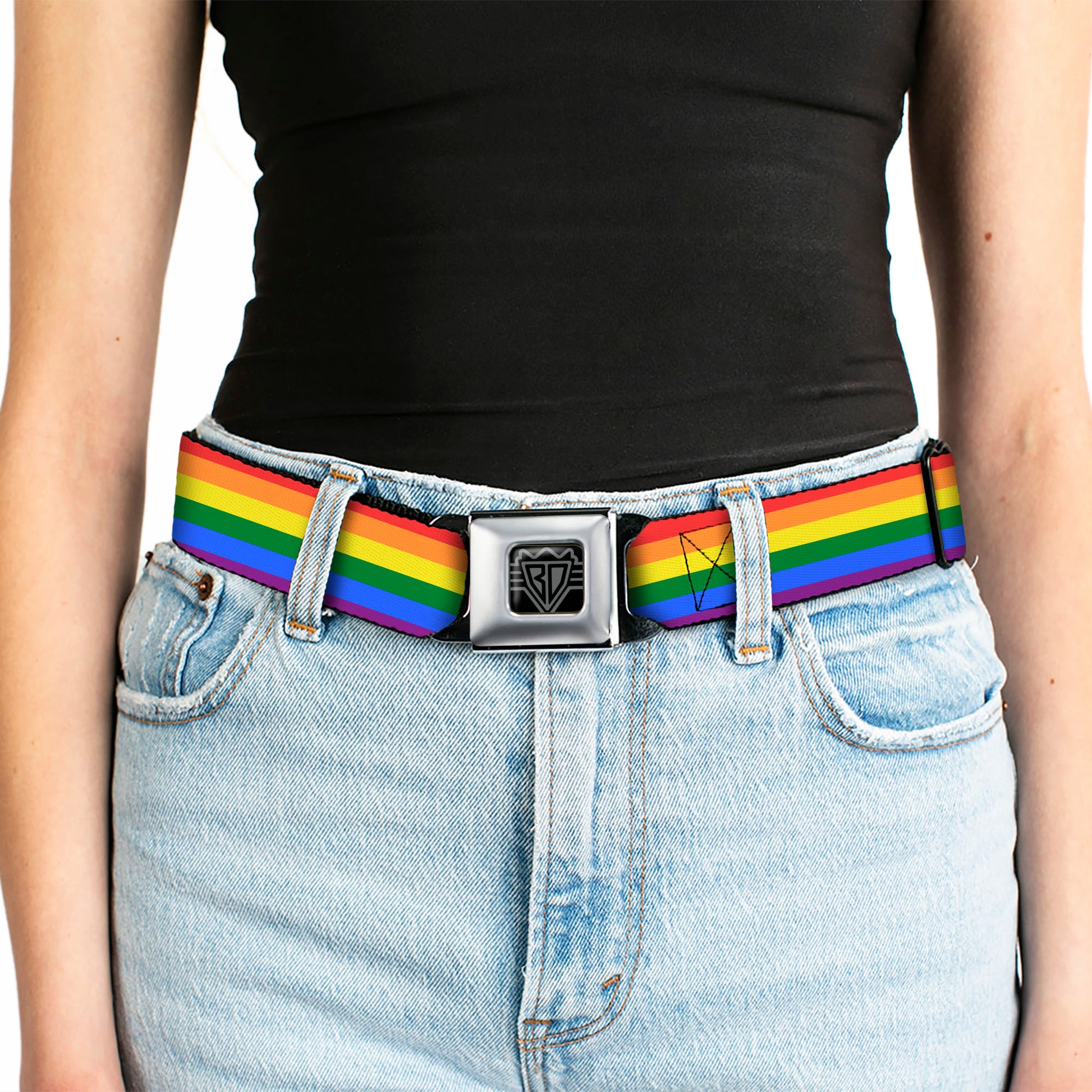 BD Wings Logo CLOSE-UP Full Color Black Silver Seatbelt Belt - Flag Pride Rainbow Webbing Seatbelt Belts Buckle-Down