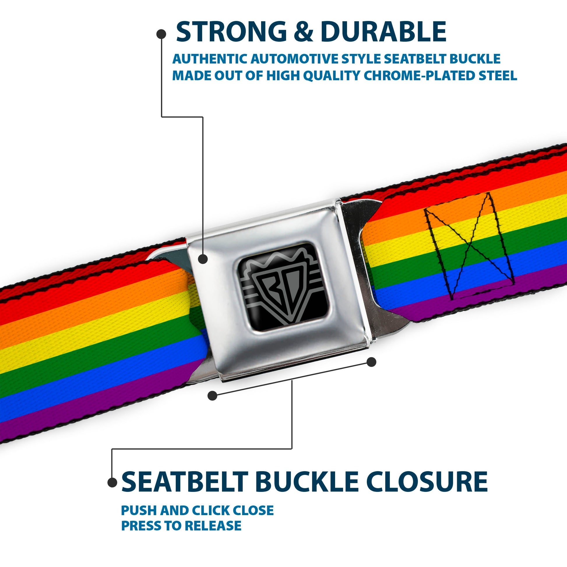 BD Wings Logo CLOSE-UP Full Color Black Silver Seatbelt Belt - Flag Pride Rainbow Webbing Seatbelt Belts Buckle-Down