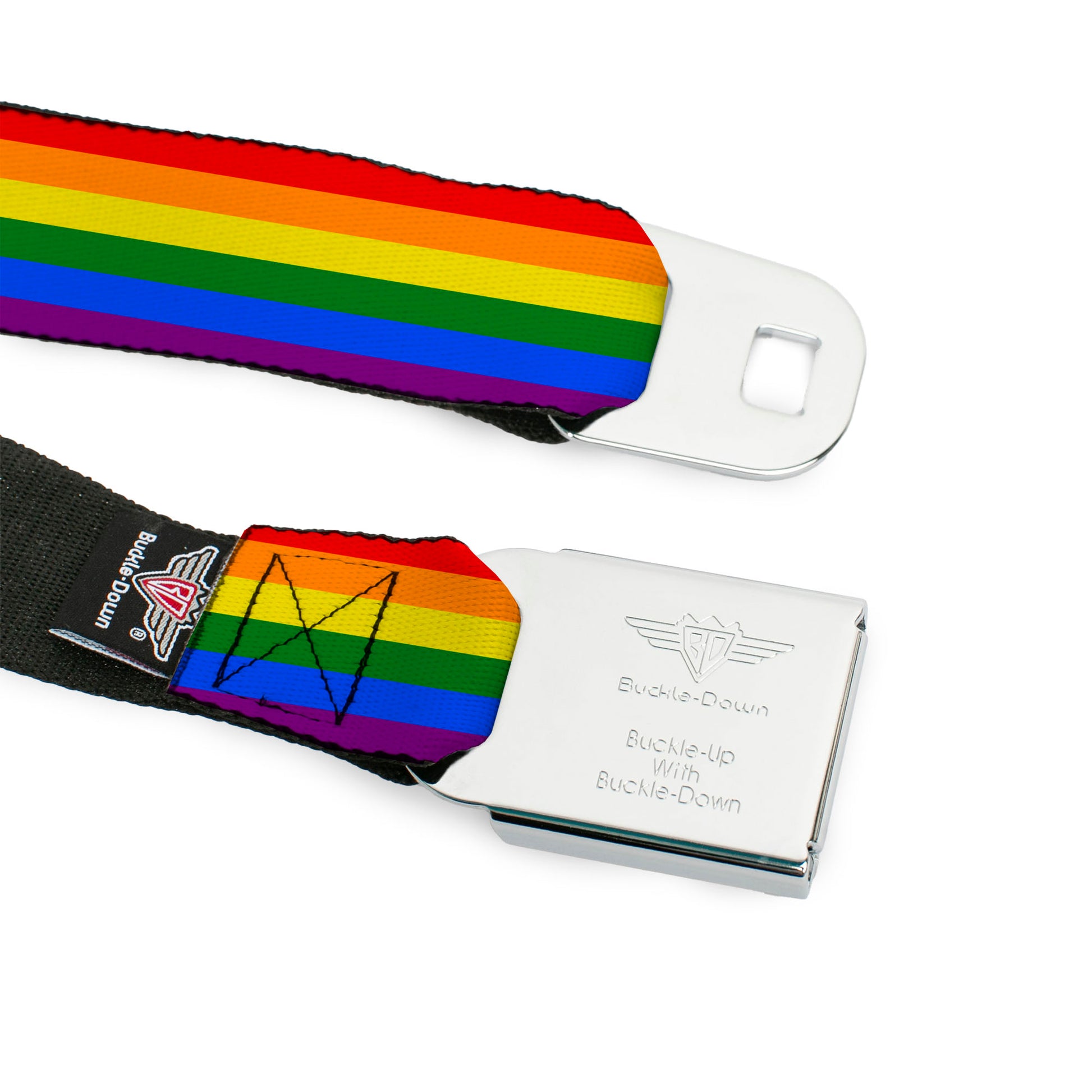 BD Wings Logo CLOSE-UP Full Color Black Silver Seatbelt Belt - Flag Pride Rainbow Webbing Seatbelt Belts Buckle-Down