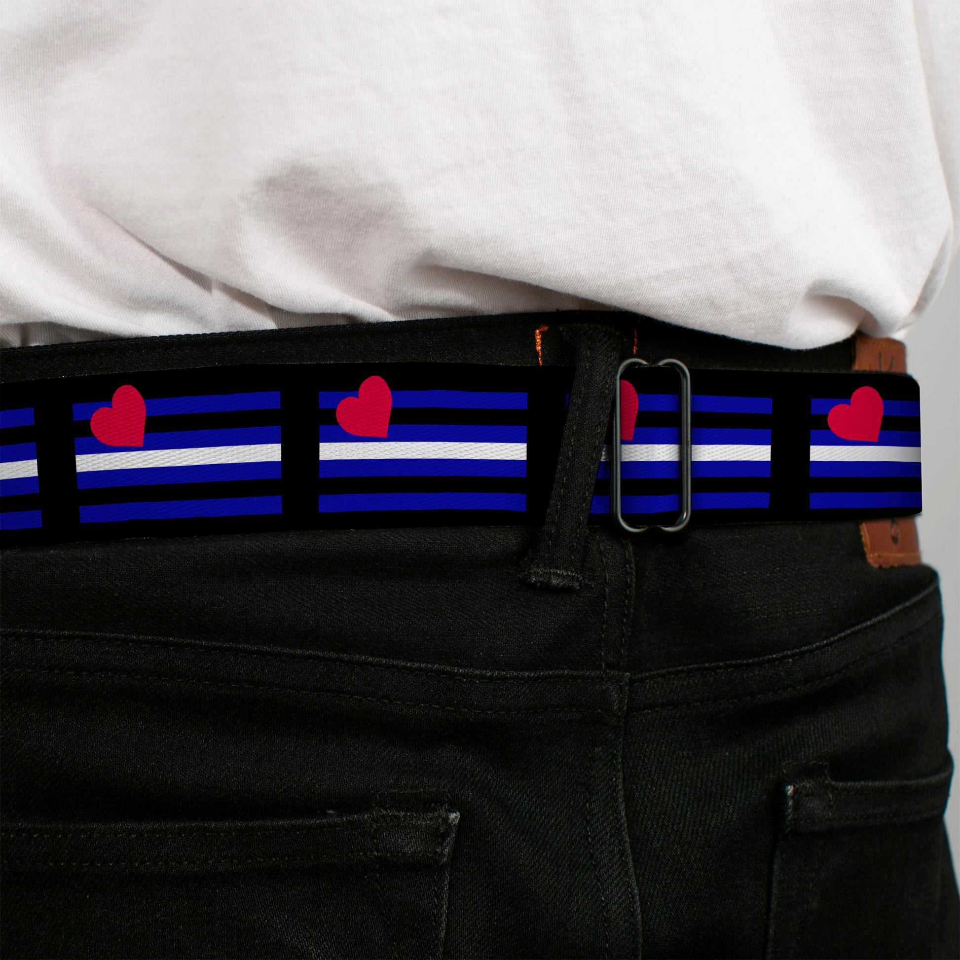 BD Wings Logo CLOSE-UP Full Color Black Silver Seatbelt Belt - Flag Leather Black/Blue/Red/White Webbing Seatbelt Belts Buckle-Down