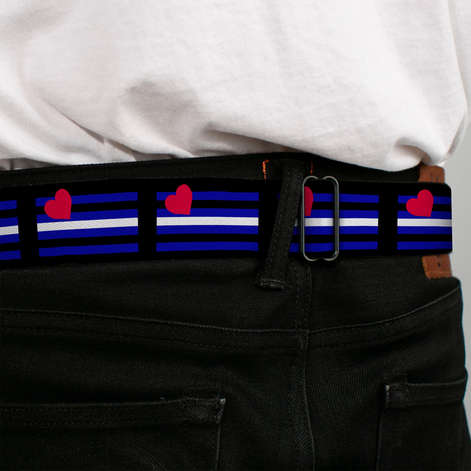 BD Wings Logo CLOSE-UP Full Color Black Silver Seatbelt Belt - Flag Leather Black/Blue/Red/White Webbing Seatbelt Belts Buckle-Down
