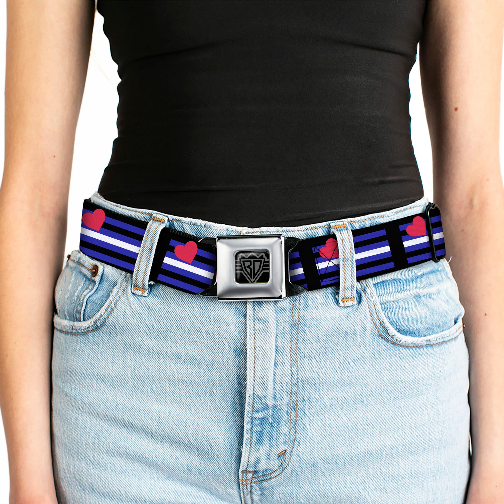 BD Wings Logo CLOSE-UP Full Color Black Silver Seatbelt Belt - Flag Leather Black/Blue/Red/White Webbing Seatbelt Belts Buckle-Down
