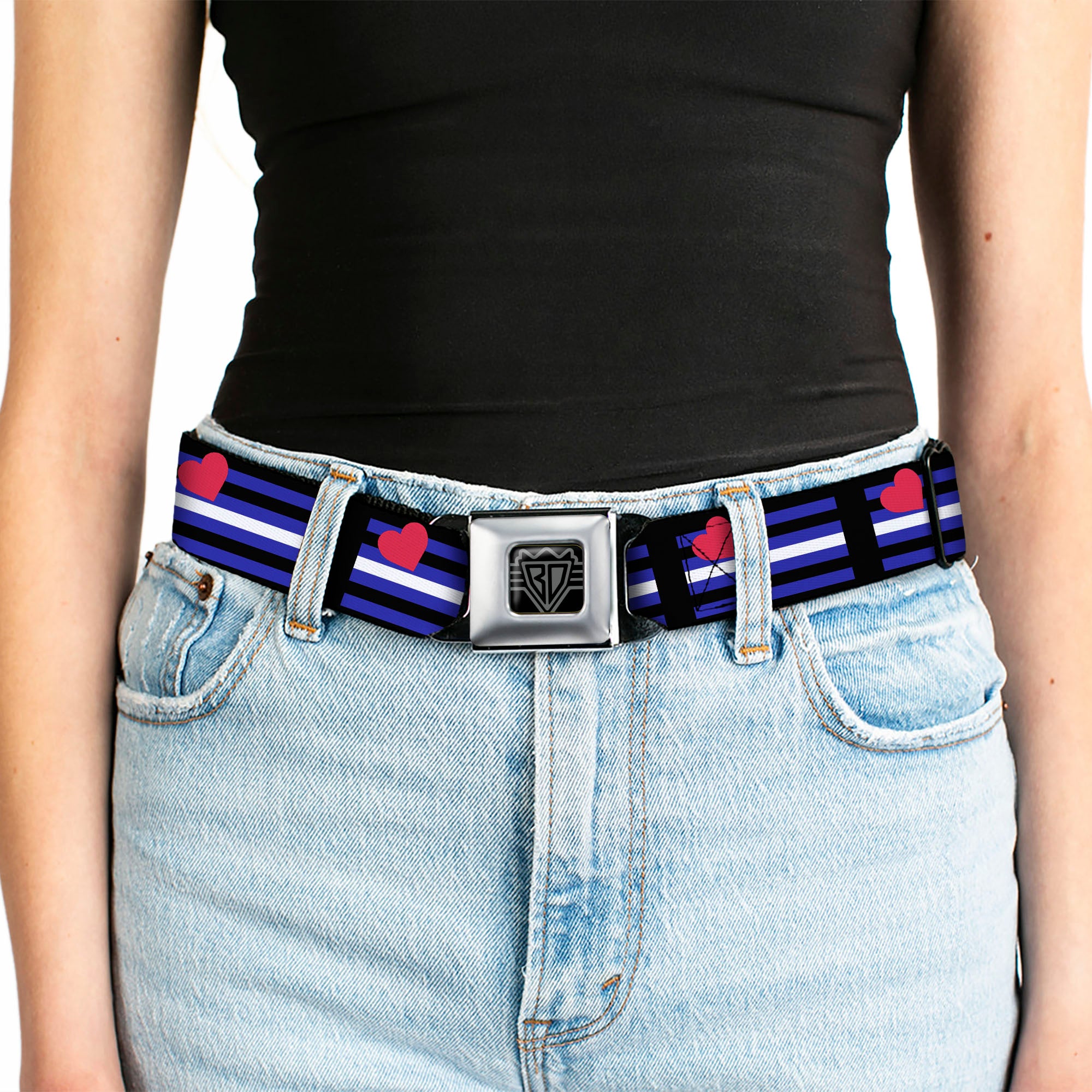 BD Wings Logo CLOSE-UP Full Color Black Silver Seatbelt Belt - Flag Leather Black/Blue/Red/White Webbing Seatbelt Belts Buckle-Down
