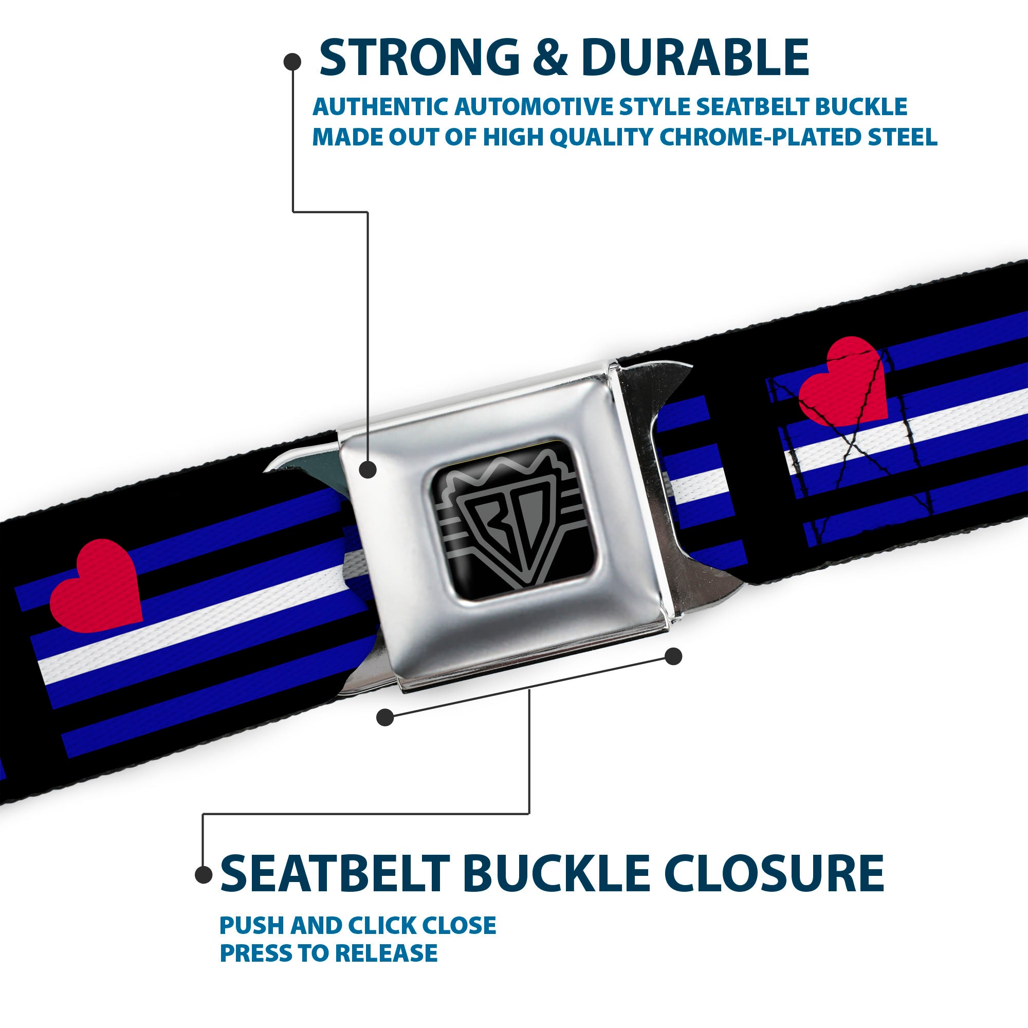 BD Wings Logo CLOSE-UP Full Color Black Silver Seatbelt Belt - Flag Leather Black/Blue/Red/White Webbing Seatbelt Belts Buckle-Down