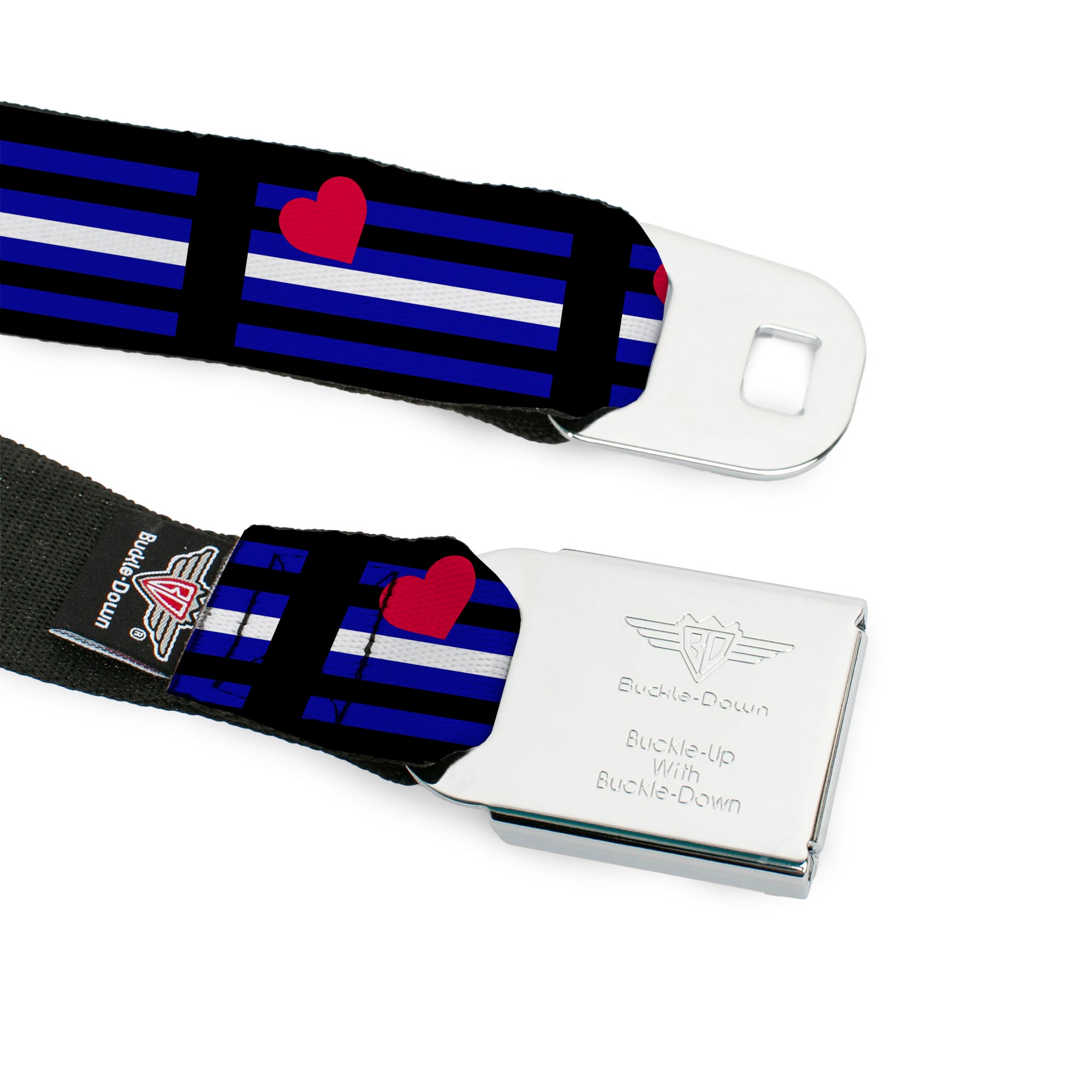 BD Wings Logo CLOSE-UP Full Color Black Silver Seatbelt Belt - Flag Leather Black/Blue/Red/White Webbing Seatbelt Belts Buckle-Down