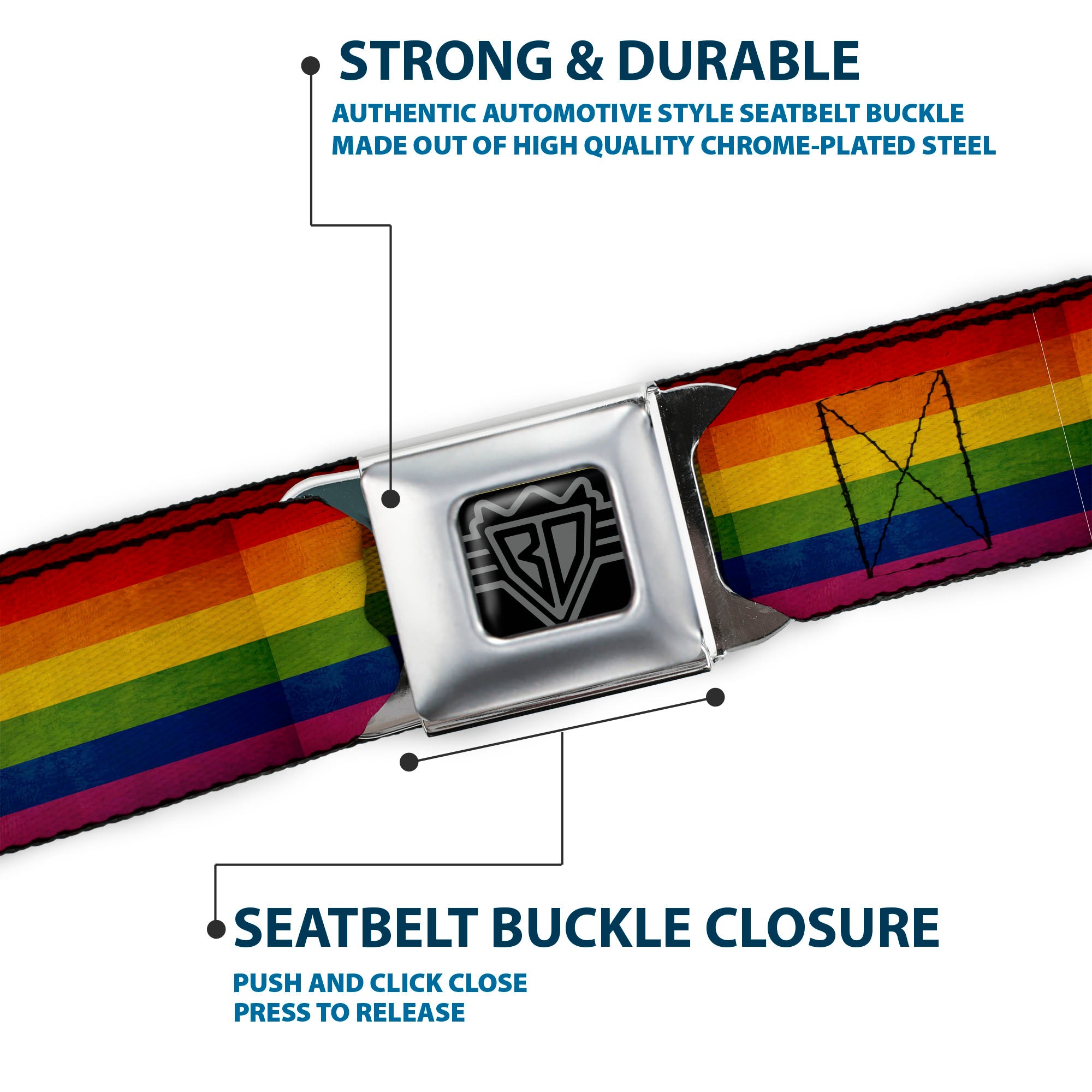BD Wings Logo CLOSE-UP Full Color Black Silver Seatbelt Belt - Flag Pride Distressed Rainbow Webbing Seatbelt Belts Buckle-Down