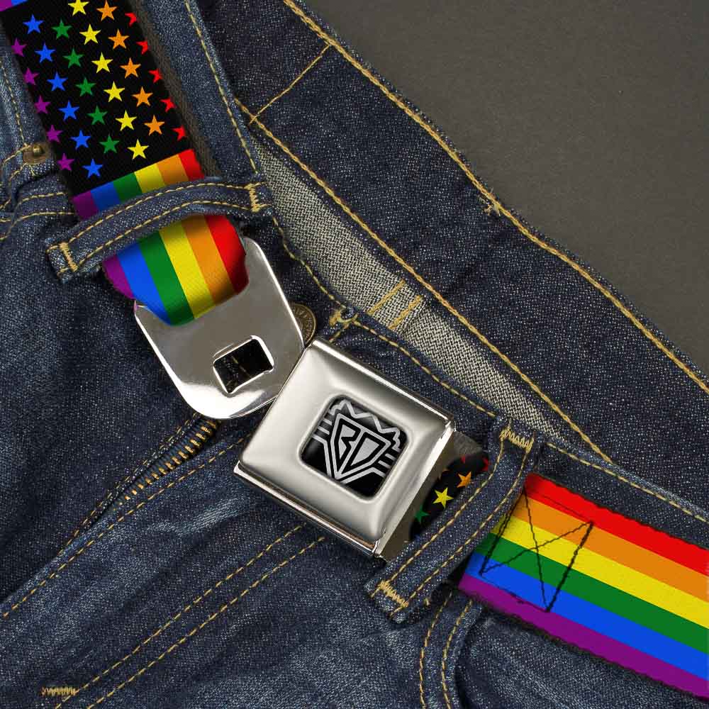 BD Wings Logo CLOSE-UP Full Color Black Silver Seatbelt Belt - Flag American Pride Rainbow/Black Webbing Seatbelt Belts Buckle-Down