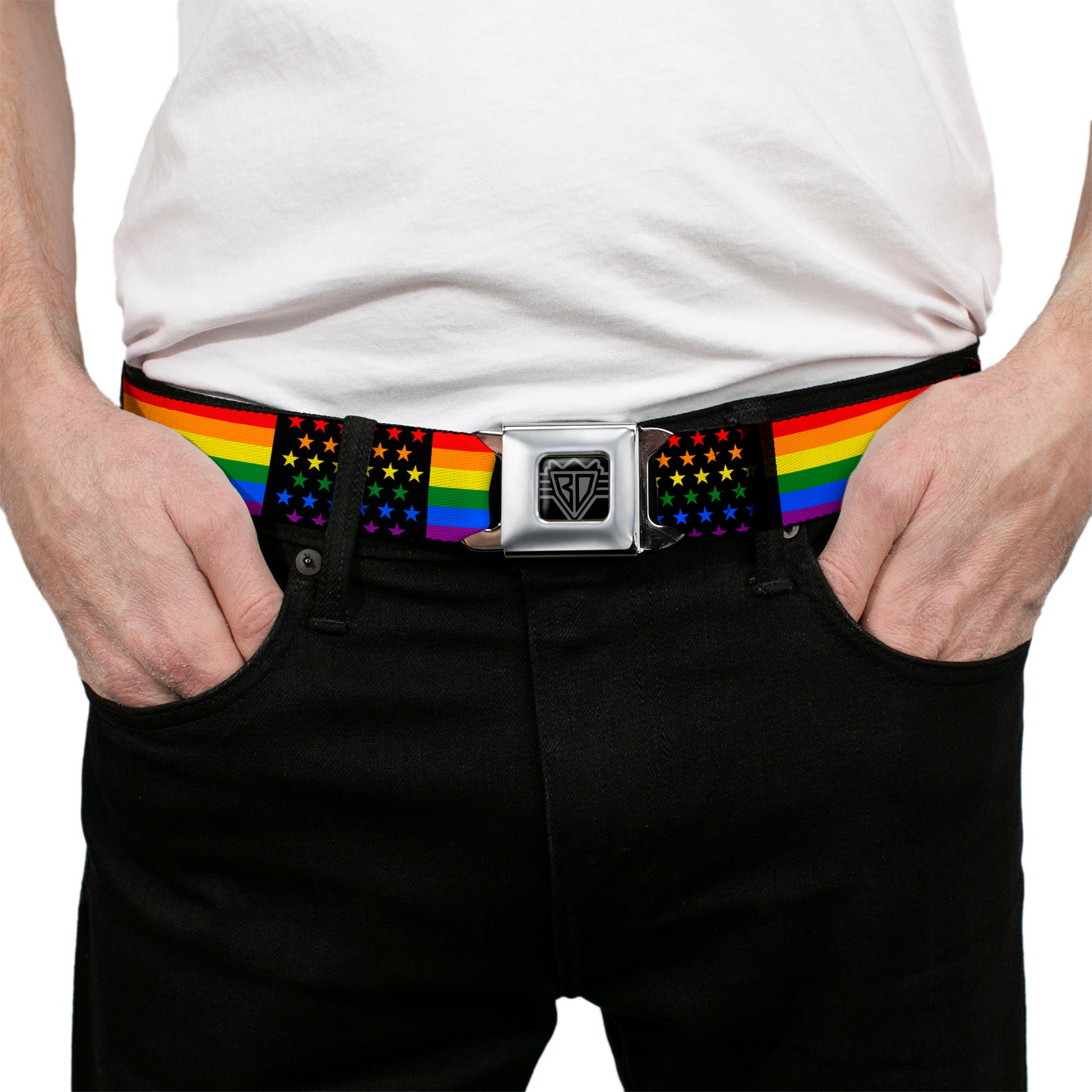 BD Wings Logo CLOSE-UP Full Color Black Silver Seatbelt Belt - Flag American Pride Rainbow/Black Webbing Seatbelt Belts Buckle-Down