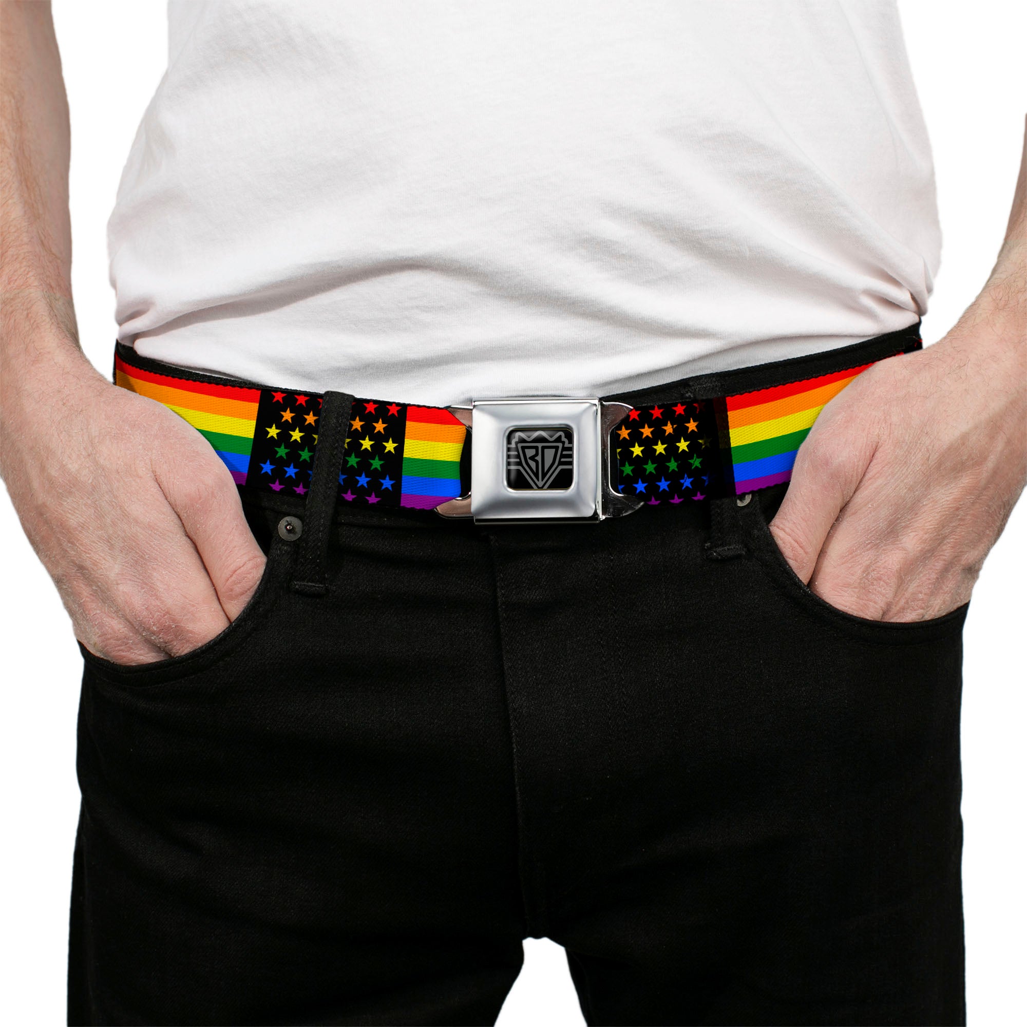 BD Wings Logo CLOSE-UP Full Color Black Silver Seatbelt Belt - Flag American Pride Rainbow/Black Webbing Seatbelt Belts Buckle-Down