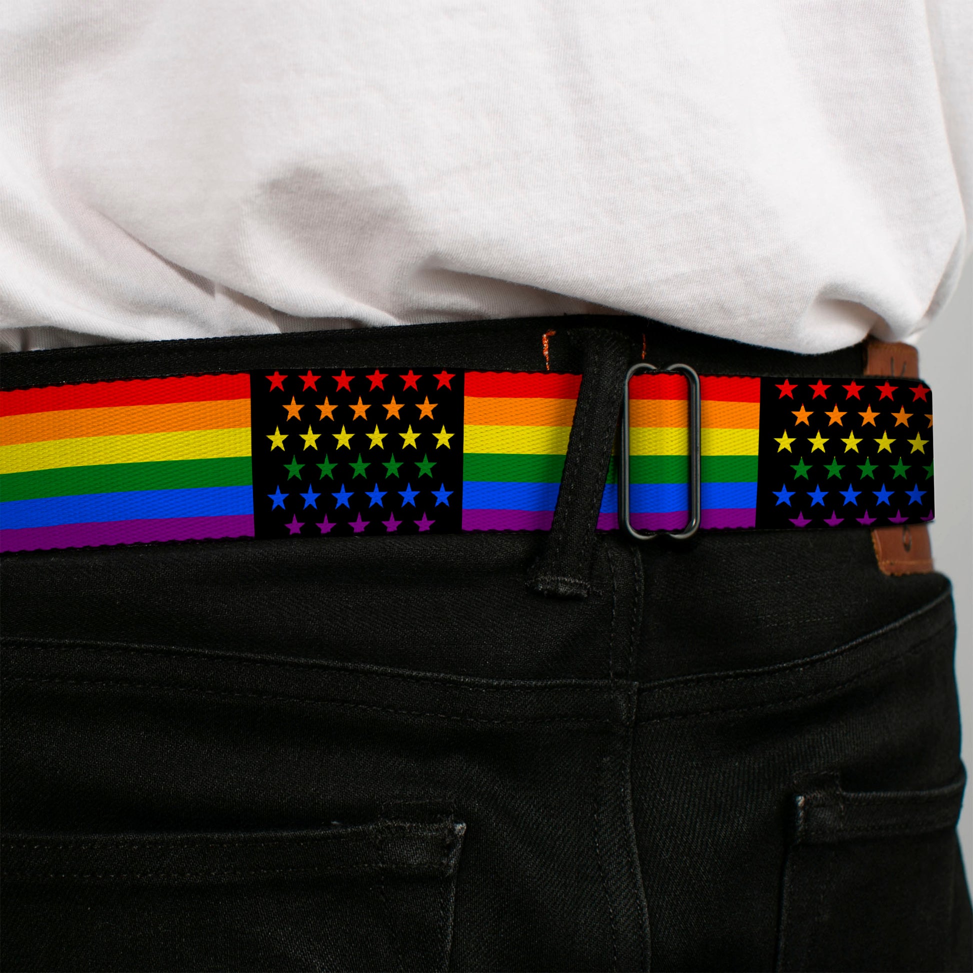 BD Wings Logo CLOSE-UP Full Color Black Silver Seatbelt Belt - Flag American Pride Rainbow/Black Webbing Seatbelt Belts Buckle-Down