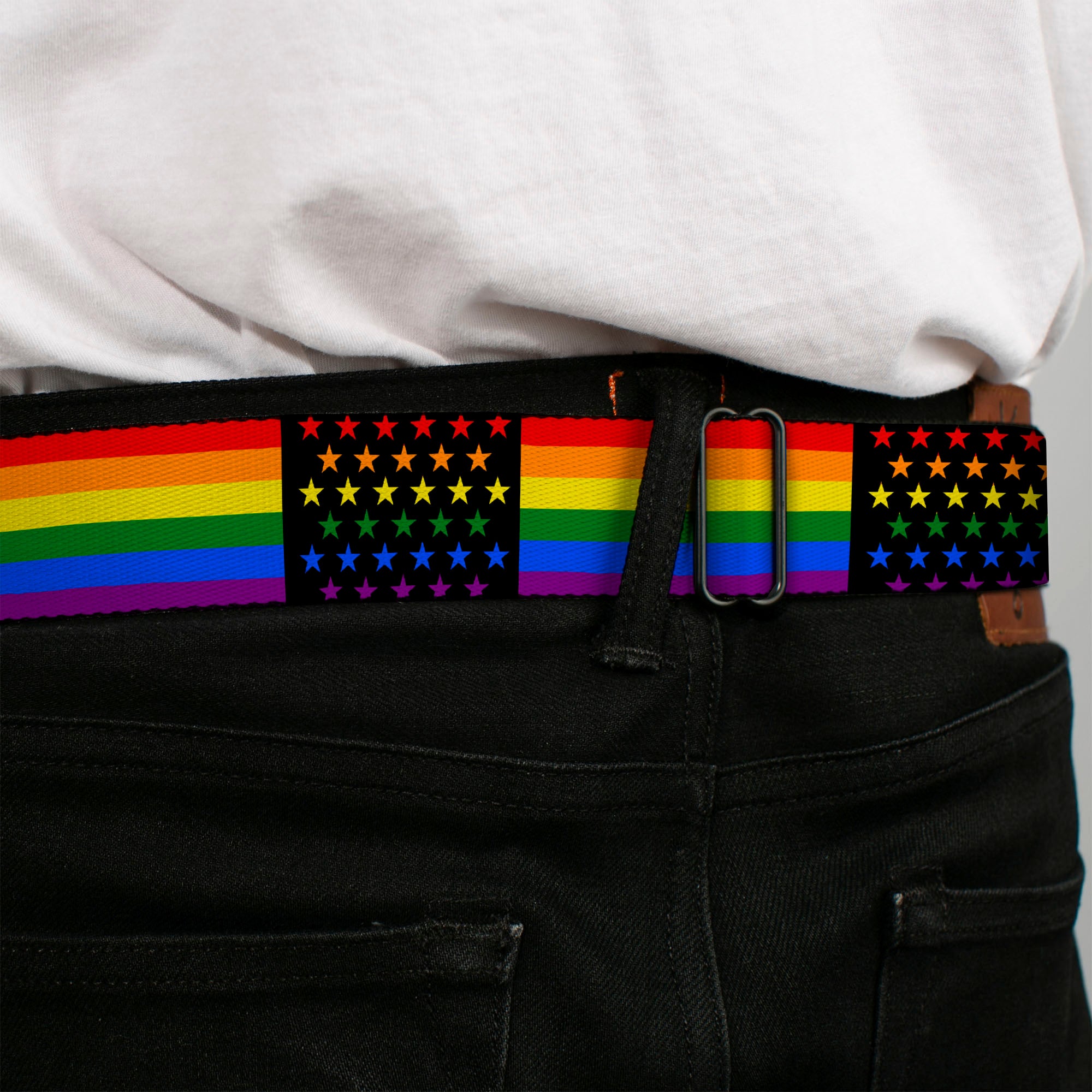 BD Wings Logo CLOSE-UP Full Color Black Silver Seatbelt Belt - Flag American Pride Rainbow/Black Webbing Seatbelt Belts Buckle-Down