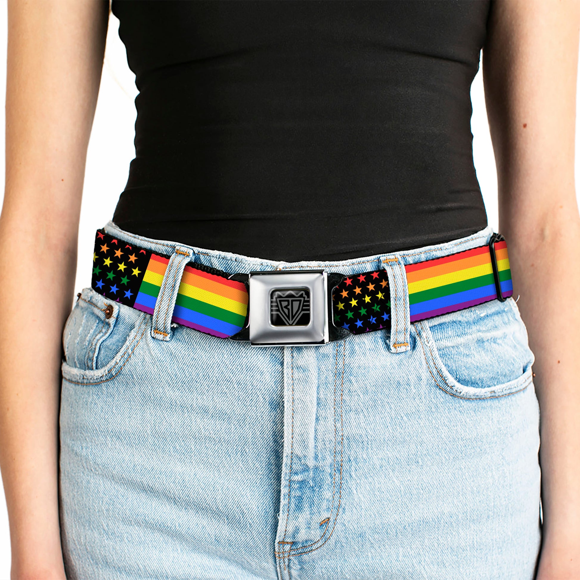BD Wings Logo CLOSE-UP Full Color Black Silver Seatbelt Belt - Flag American Pride Rainbow/Black Webbing Seatbelt Belts Buckle-Down