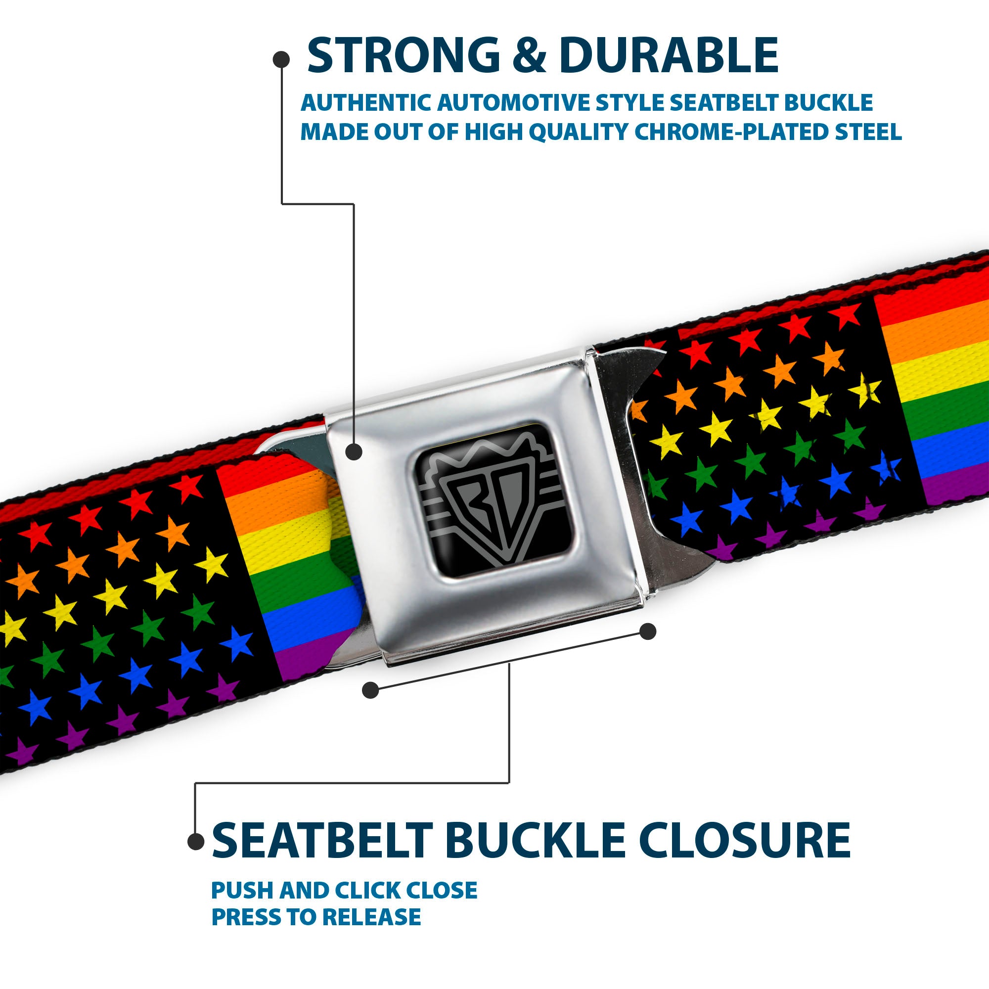 BD Wings Logo CLOSE-UP Full Color Black Silver Seatbelt Belt - Flag American Pride Rainbow/Black Webbing Seatbelt Belts Buckle-Down