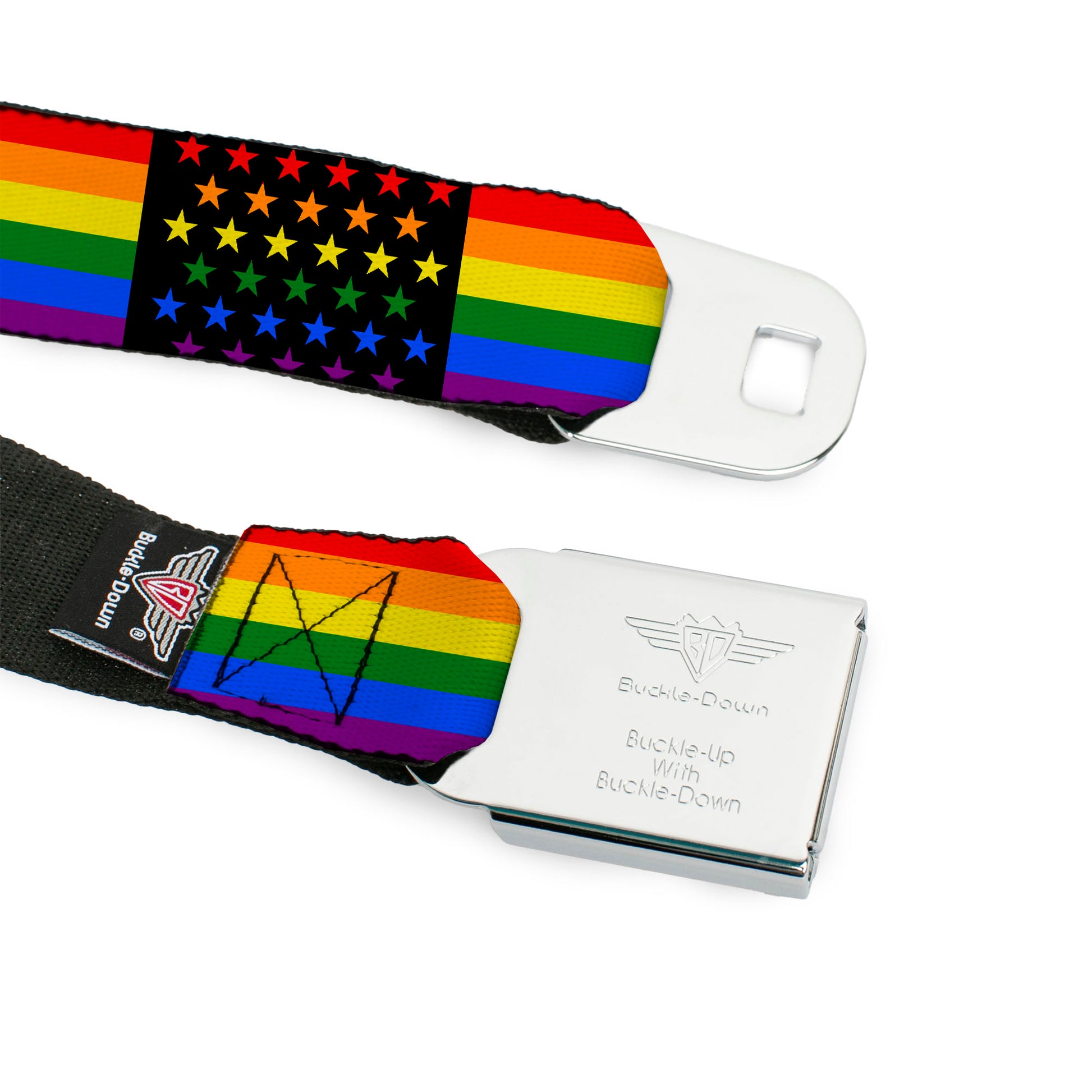 BD Wings Logo CLOSE-UP Full Color Black Silver Seatbelt Belt - Flag American Pride Rainbow/Black Webbing Seatbelt Belts Buckle-Down