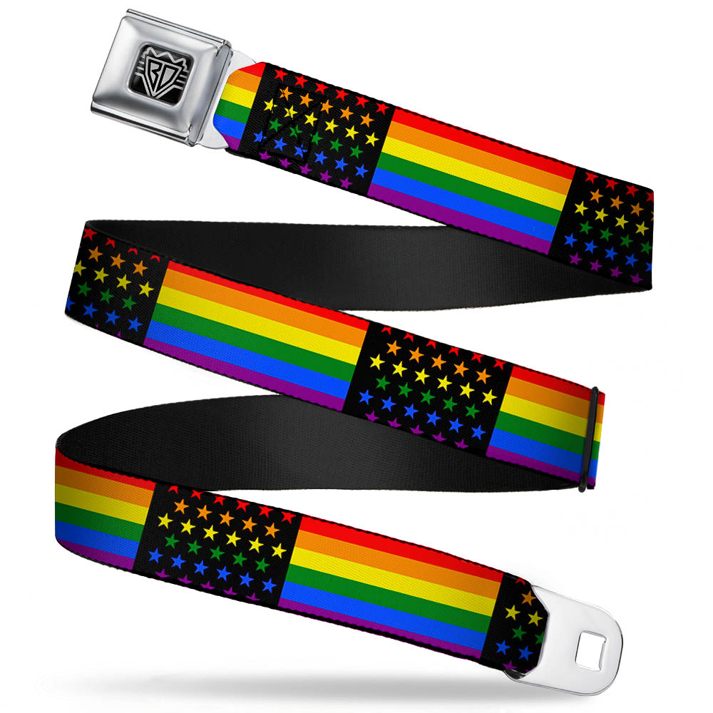 BD Wings Logo CLOSE-UP Full Color Black Silver Seatbelt Belt - Flag American Pride Rainbow/Black Webbing Seatbelt Belts Buckle-Down