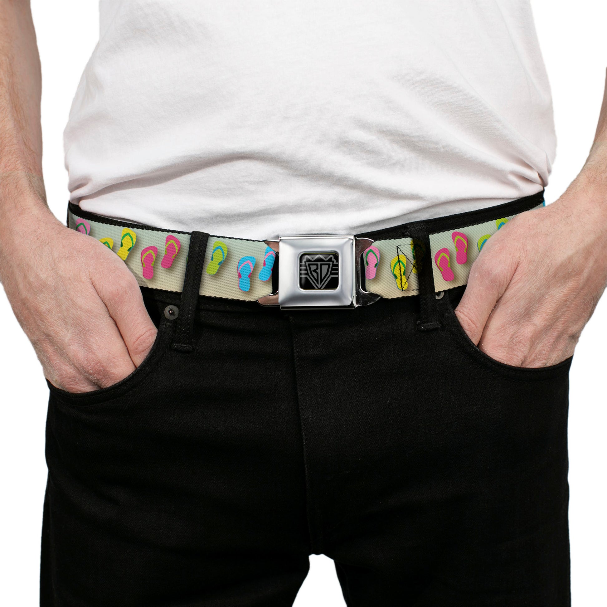 BD Wings Logo CLOSE-UP Full Color Black Silver Seatbelt Belt - Flip Flops2 Aqua/Multi Color Webbing Seatbelt Belts Buckle-Down