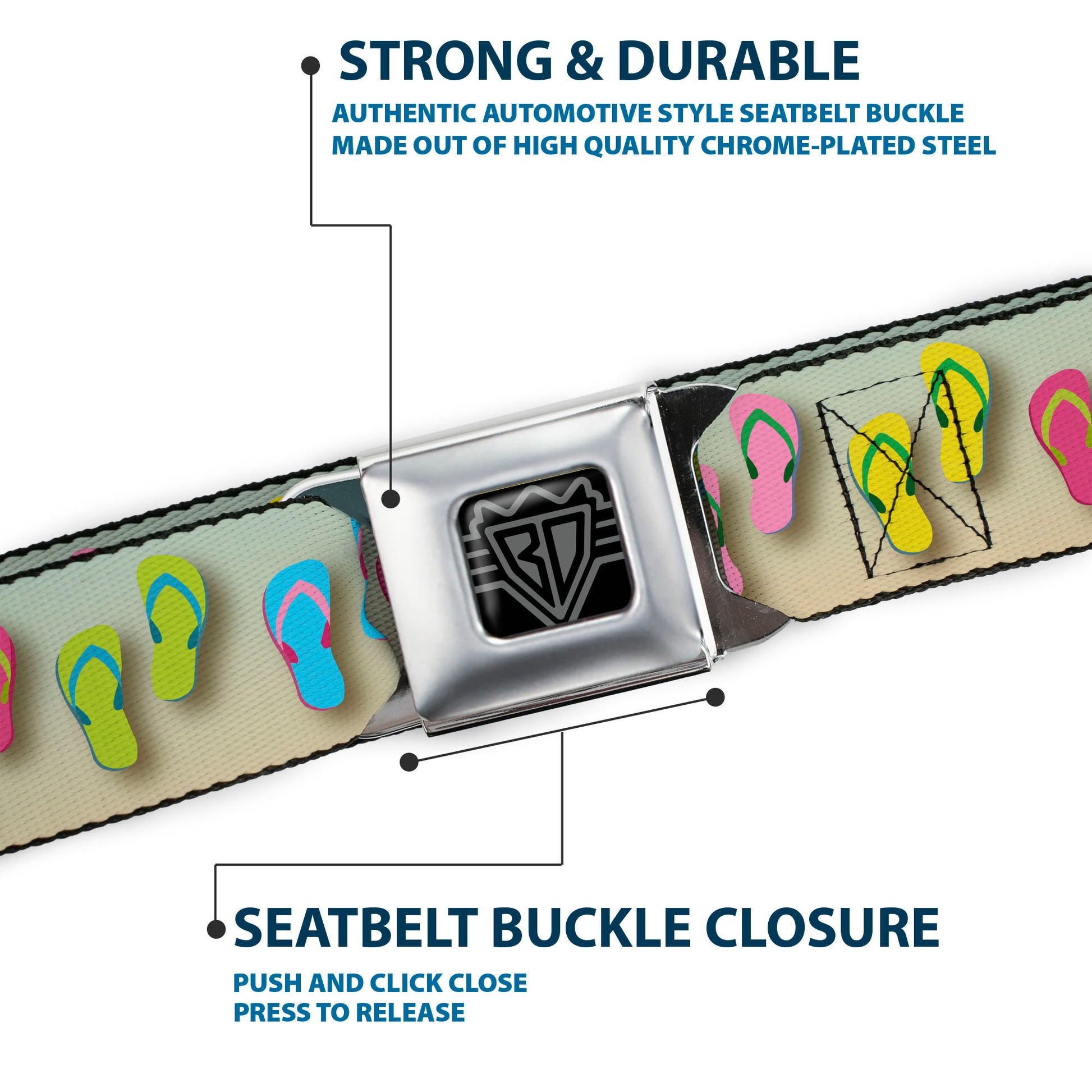 BD Wings Logo CLOSE-UP Full Color Black Silver Seatbelt Belt - Flip Flops2 Aqua/Multi Color Webbing Seatbelt Belts Buckle-Down
